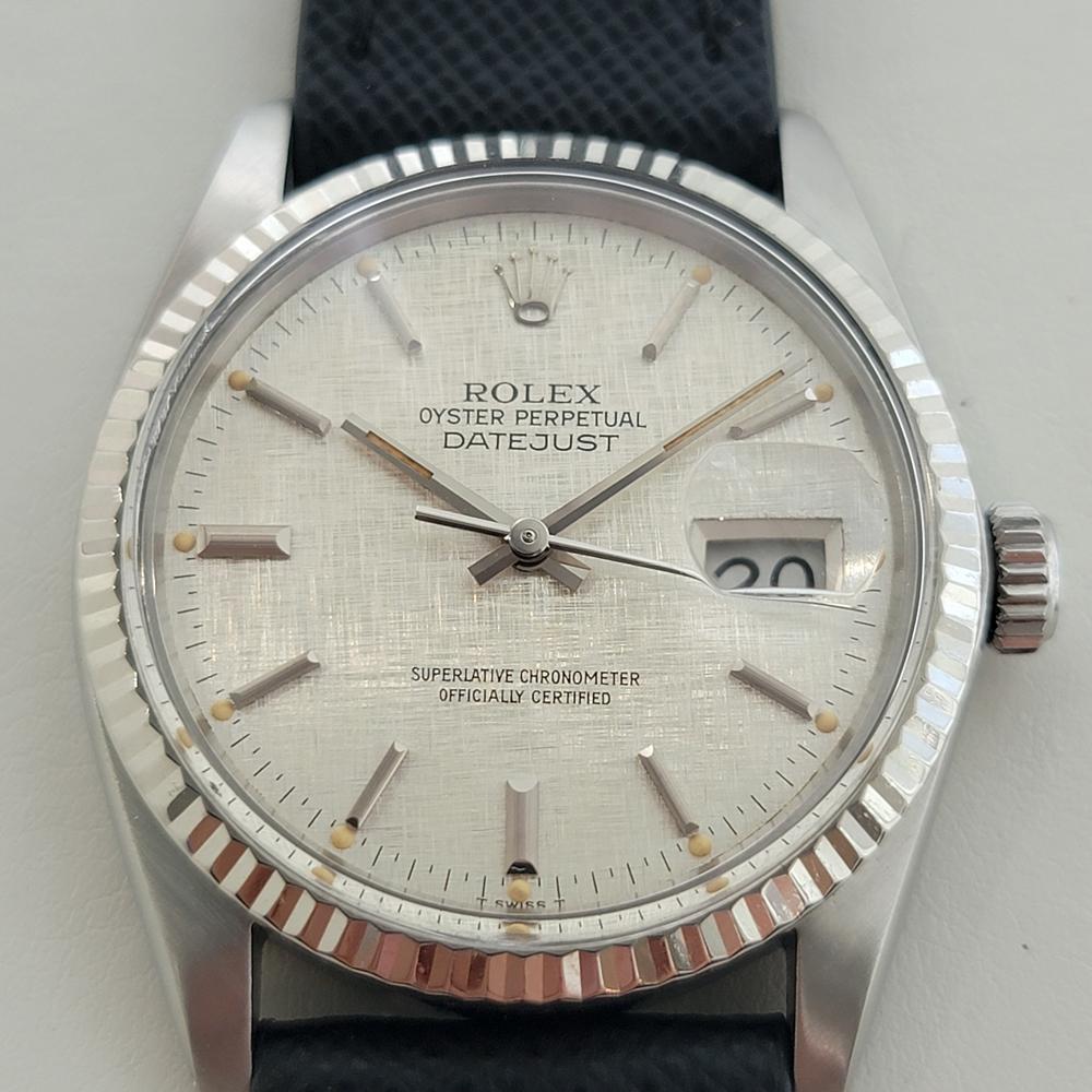 Zeitloser Klassiker, Rolex 18k Weißgold und Edelstahl Herren Oyster Perpetual Datejust Ref.16014 automatisch, ca. 1983, in ausgezeichnetem Zustand. Von einem Uhrmachermeister für echt befunden. Rolex klassisches Leinen-Zifferblatt, applizierte