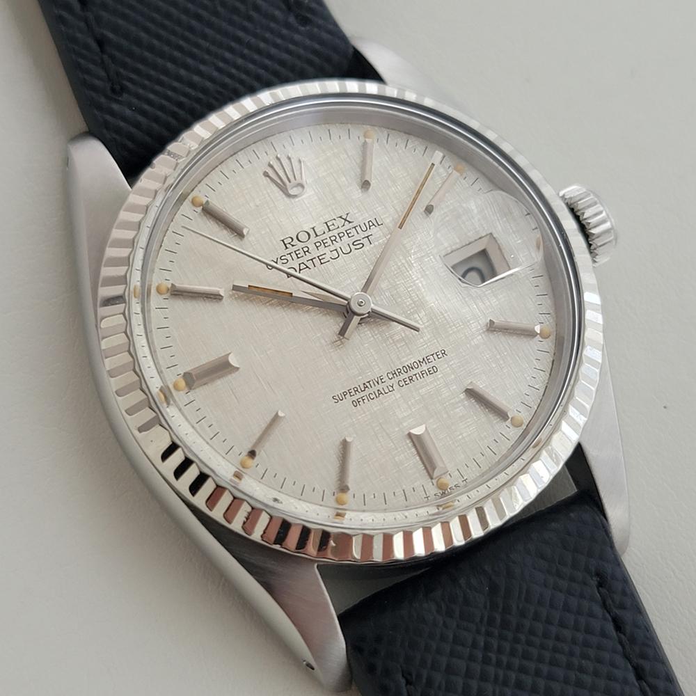 Rolex Oyster Datejust 16014 36mm 18k SS Leinen Zifferblatt Männer automatische 1980er RA589B im Zustand „Hervorragend“ im Angebot in Beverly Hills, CA