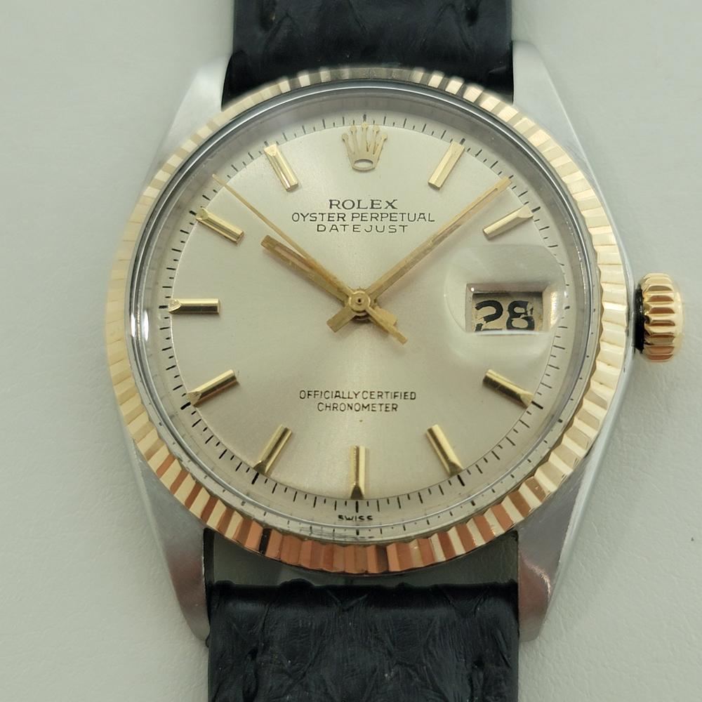 An iconic classic, Men's Rolex Oyster Perpetual 1601 the Datejust in 18k yellow gold and stainless steel automatic, c.1970, in excellent working condition. Verified authentic by a master watchmaker. Gorgeous Rolex signed champagne dial, applied