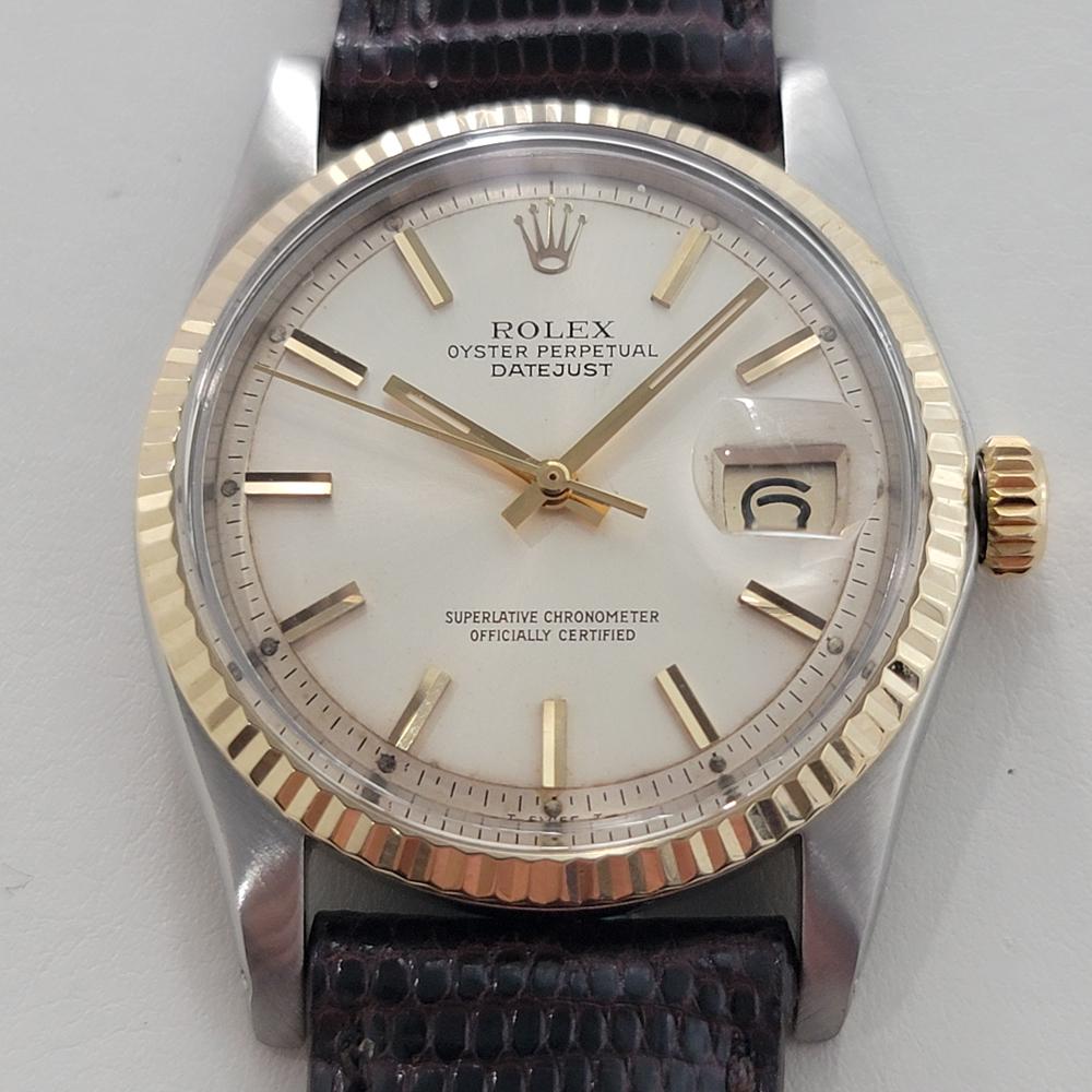 Classic icon, Rolex Men's Oyster Perpetual 1601 the Datejust automatic in 18k yellow gold and stainless steel, c.1973, in excellent working condition. Verified authentic by a master watchmaker. Gorgeous Rolex signed dial, applied baton index hour