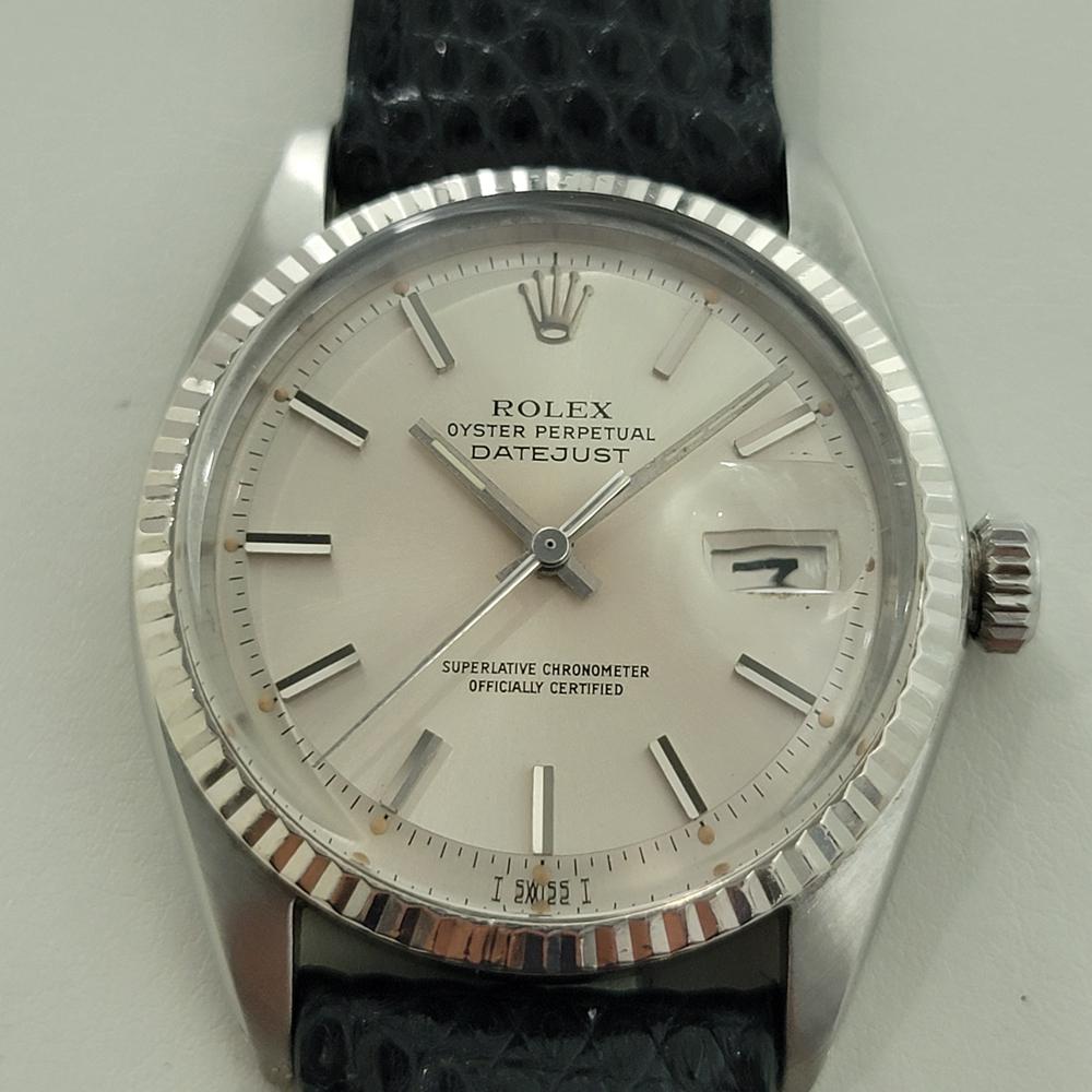 Clásico icónico, Rolex Hombre Oyster Perpetual 1601 Datejust automático con bisel de oro blanco de 18 quilates, c.1975, en excelente estado de funcionamiento. Verificado auténtico por un maestro relojero. Preciosa esfera firmada por Rolex, índices