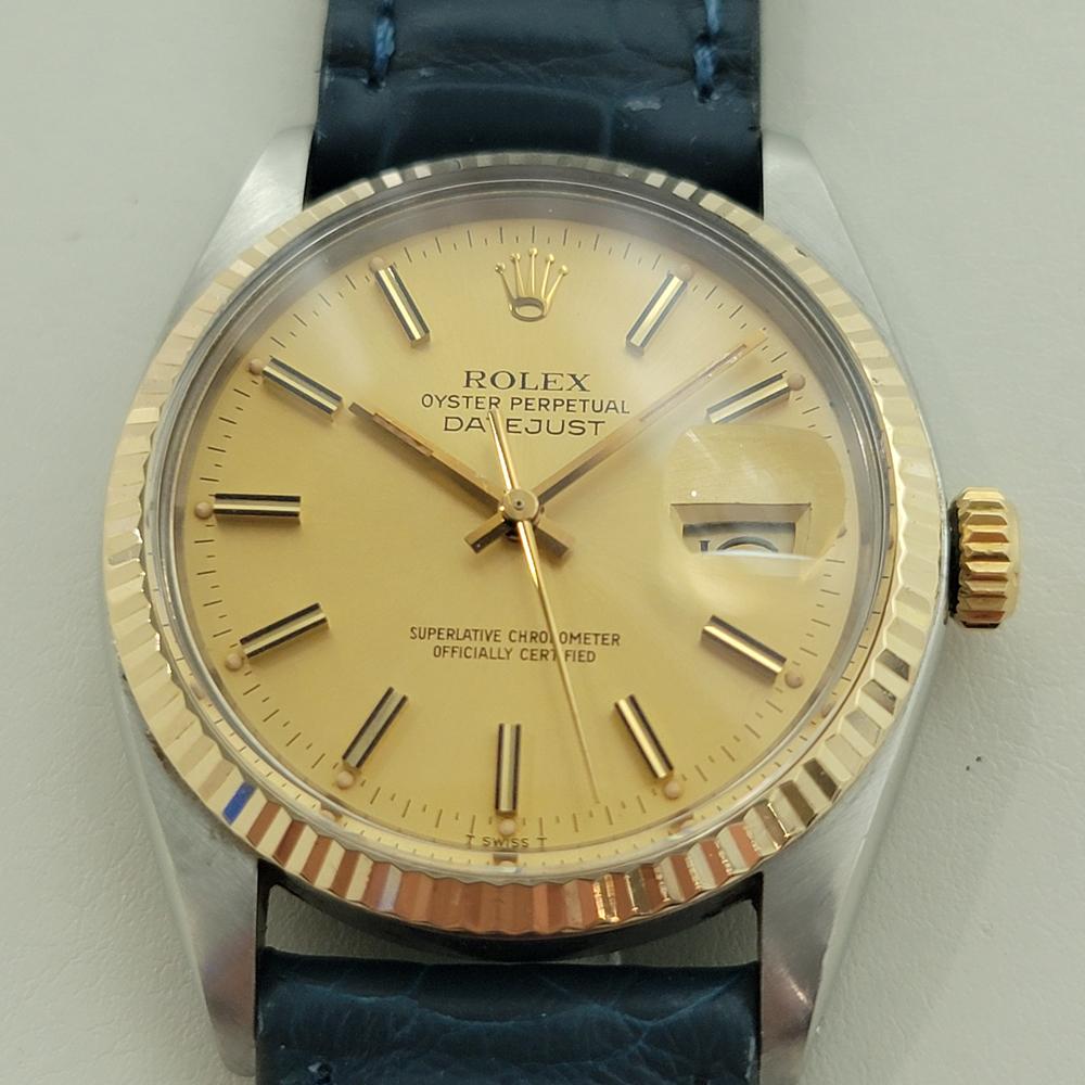 Timeless icon, Men's 18k gold and stainless steel Rolex Oyster Perpetual Datejust Ref.16013 automatic, c.1979, in excellent working condition. Verified authentic by a master watchmaker. Gorgeous Rolex signed gold dial, applied baton index hour