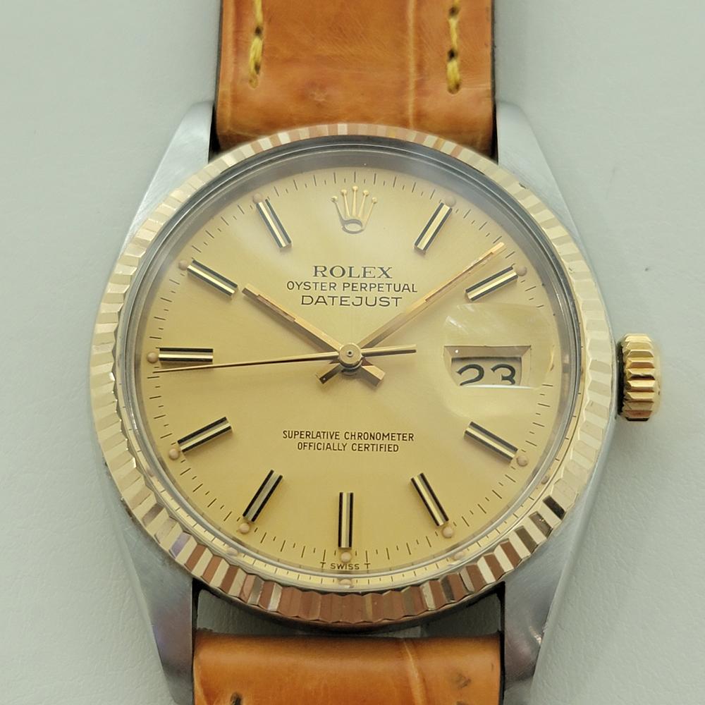 Icône intemporelle, Rolex Oyster Perpetual Datejust Ref.16013 automatique en or 18k et acier inoxydable pour homme, c.C. 1979, en excellent état de marche. Vérifié authentique par un maître horloger. Magnifique cadran en or signé Rolex, index bâtons