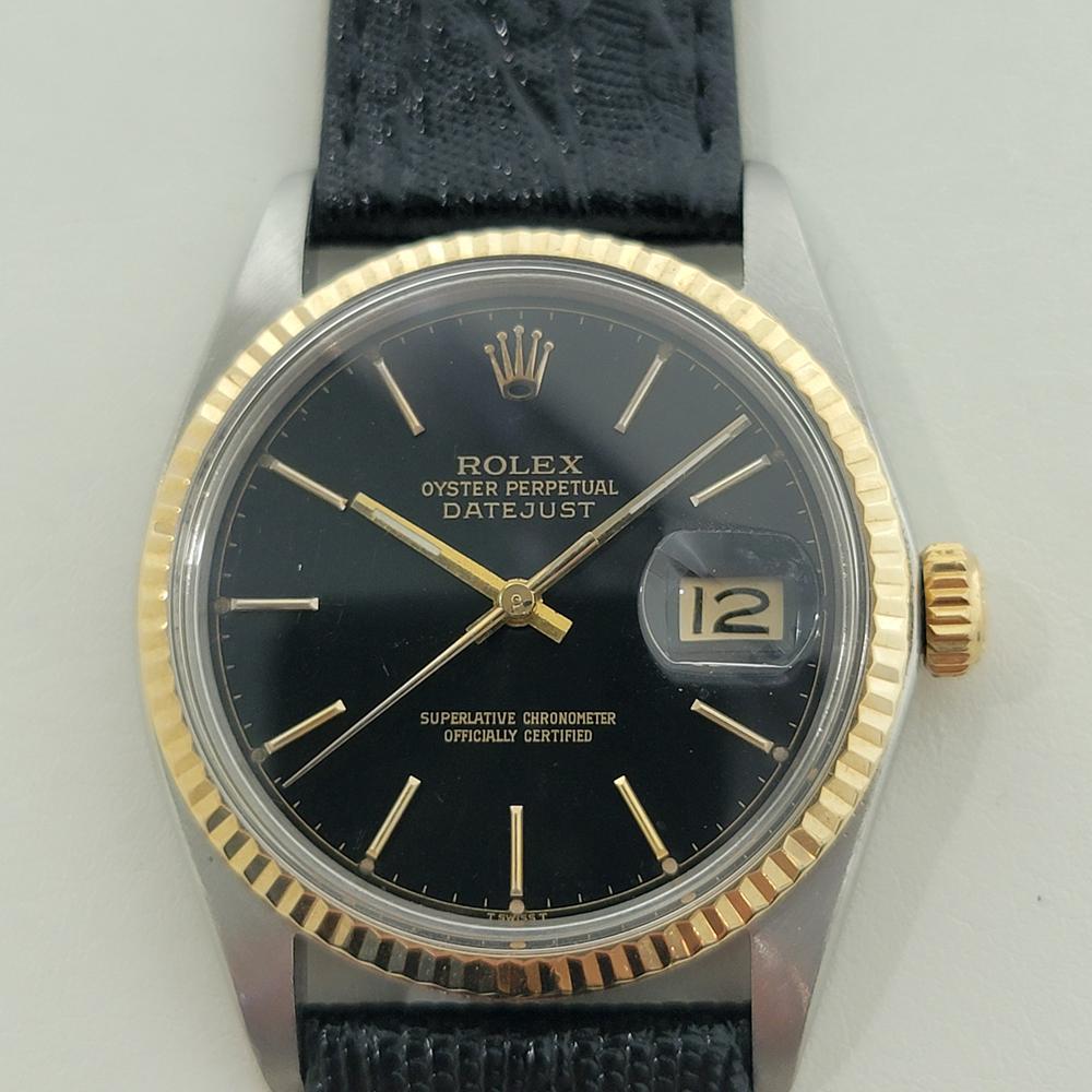 Iconic classic, Men's 18k gold and stainless steel Rolex Oyster Perpetual Datejust Ref.16013 automatic, c.1984, in excellent working condition. Verified authentic by a master watchmaker. Gorgeous Rolex signed black dial, applied index hour markers,