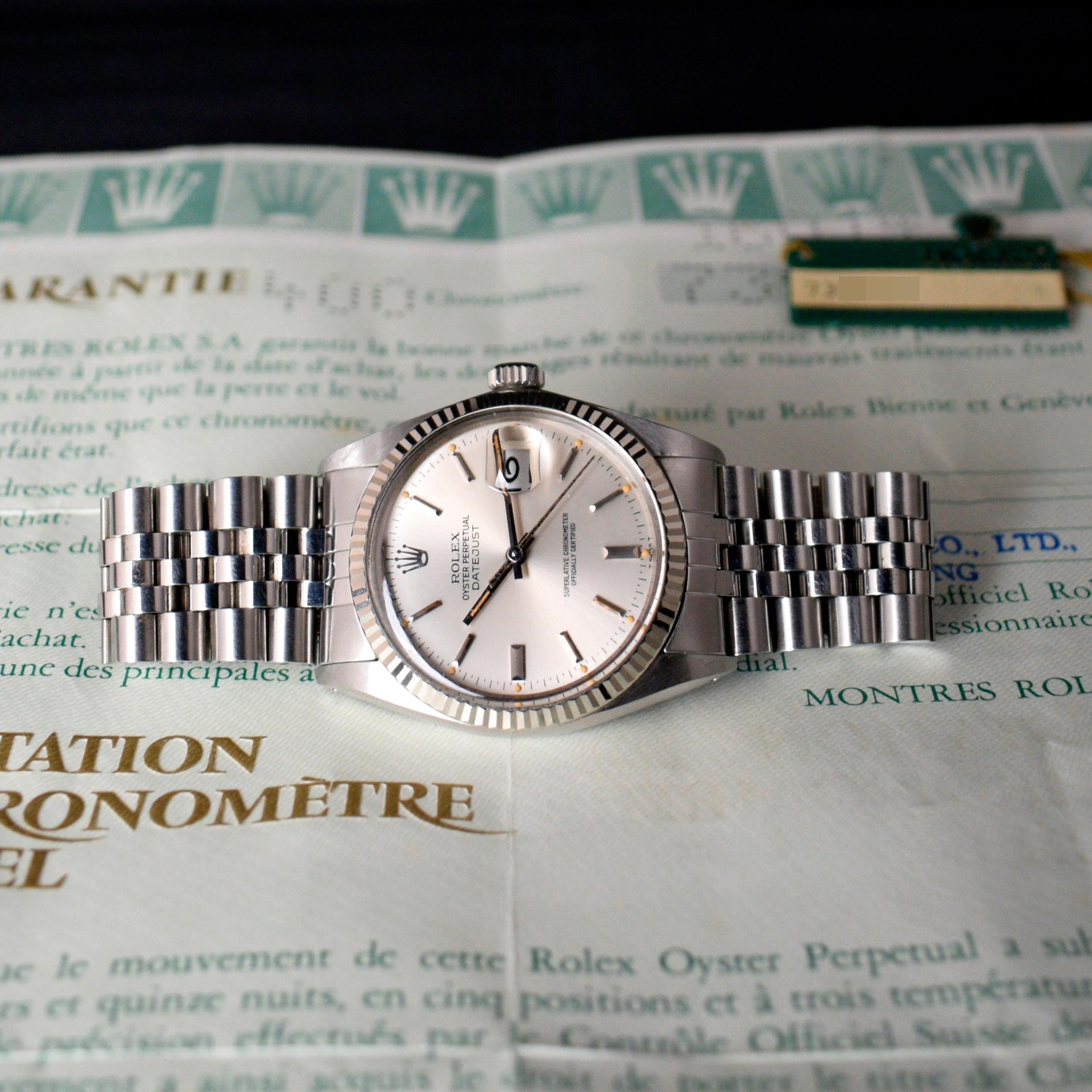 Brand: Vintage Rolex
Model: 16014
Year: 1982
Serial number: 73xxxxx
Reference: OT1593

Case: 36mm without crown; Show sign of wear with slight polish from previous w/ inner case back stamped 16000

Dial: Excellent Condition Silver Dial where all the