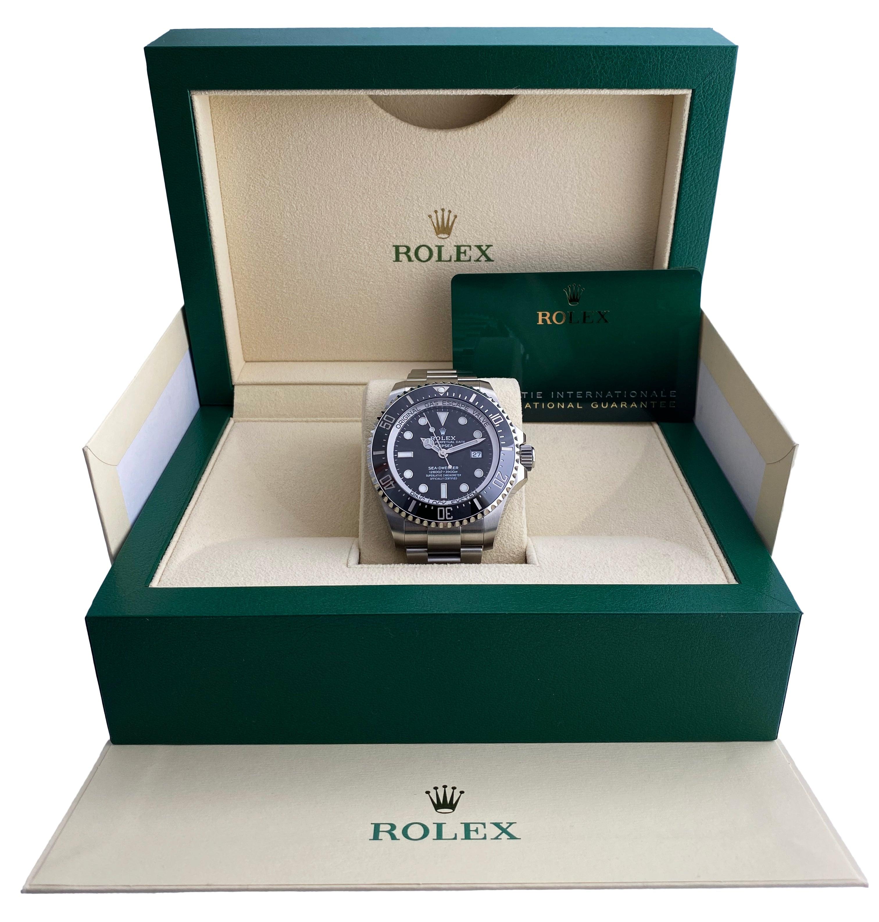 
Rolex Oyster Deepsea 126660 Mens Watch. 44mm stainless steel case with Original Gas escape valve ring lock system. Ceramic unidirectional bezel with black insert. Black dial with Mercedes steel-tone hands and luminous index hour marker. Minute