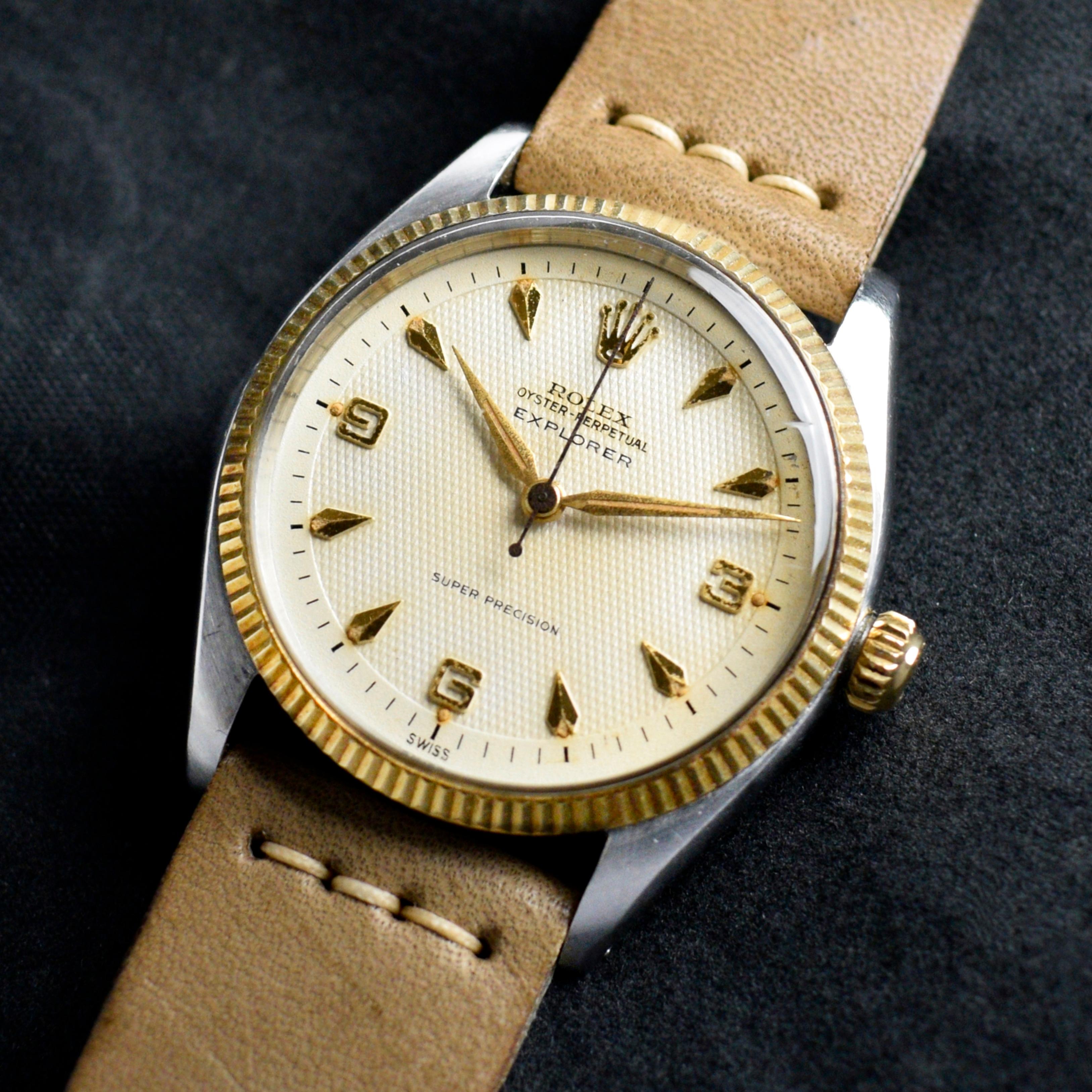 Brand: Vintage Rolex
Model: 5501
Year: 1958
Serial number: 36xxxx
Reference: OT1625

Case: 34mm diameter without crown in two-tone yellow gold and steel; Show sign of wear with slight polish from previous; inner case back stamped 5501 II 1958

Dial: