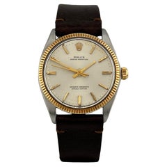 Rolex Oyster Perpetual 1005 34mm Silver Dial Yellow Gold Steel Leather Strap