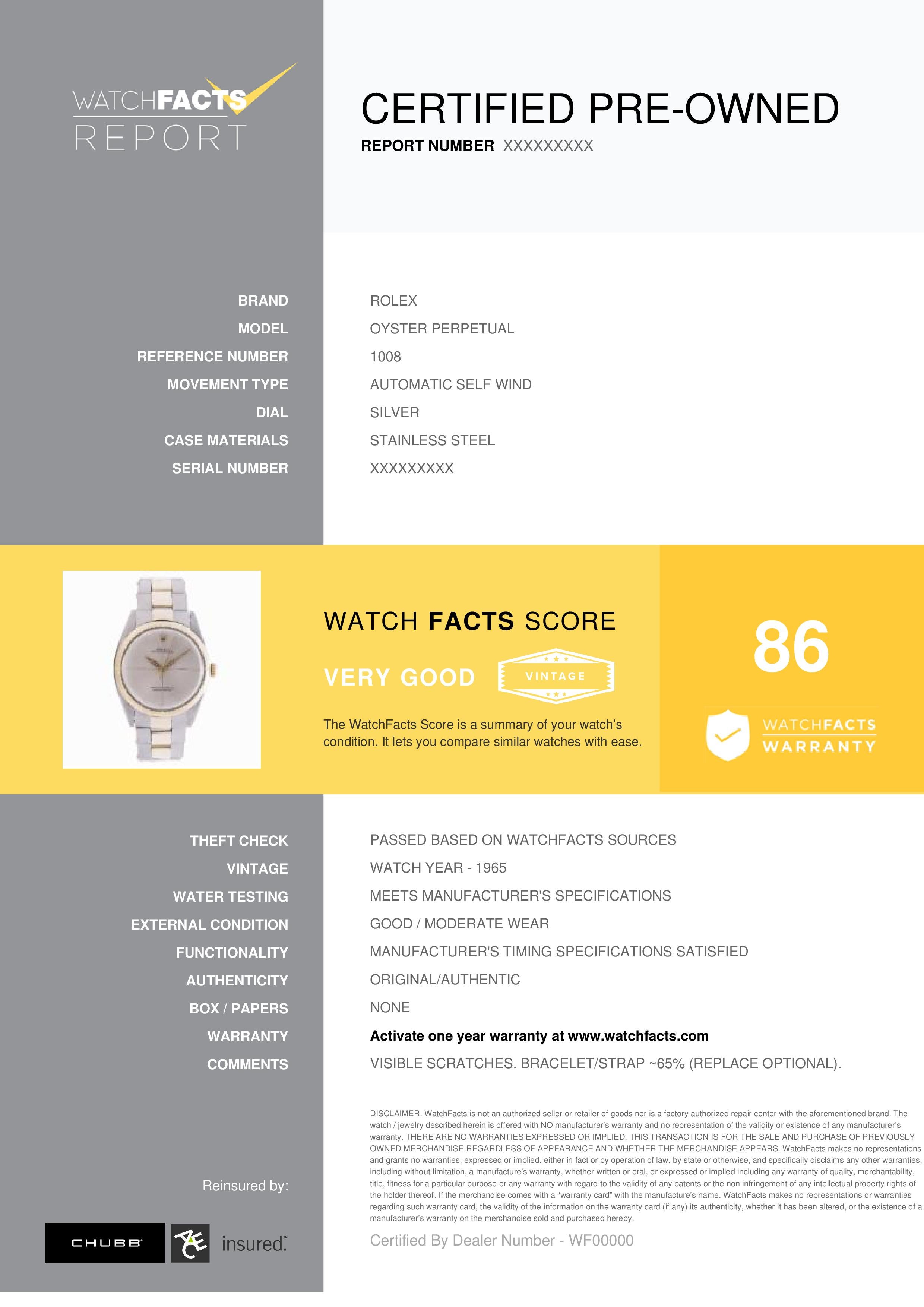 Rolex Oyster Perpetual Reference #: 1008. Mens Automatic Self Wind Watch Stainless Steel Silver 36 MM. Verified and Certified by WatchFacts. 1 year warranty offered by WatchFacts.
