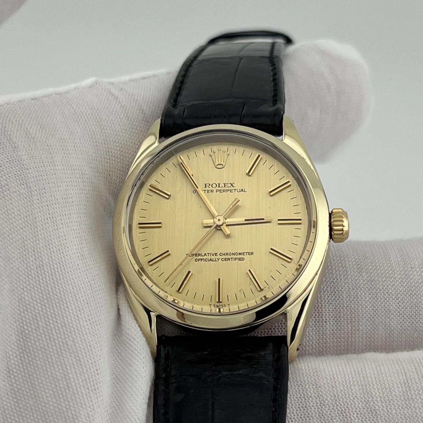 Rolex Oyster Perpetual 1024 Or jaune Acier Cadran Champagne Bracelet cuir en vente 6