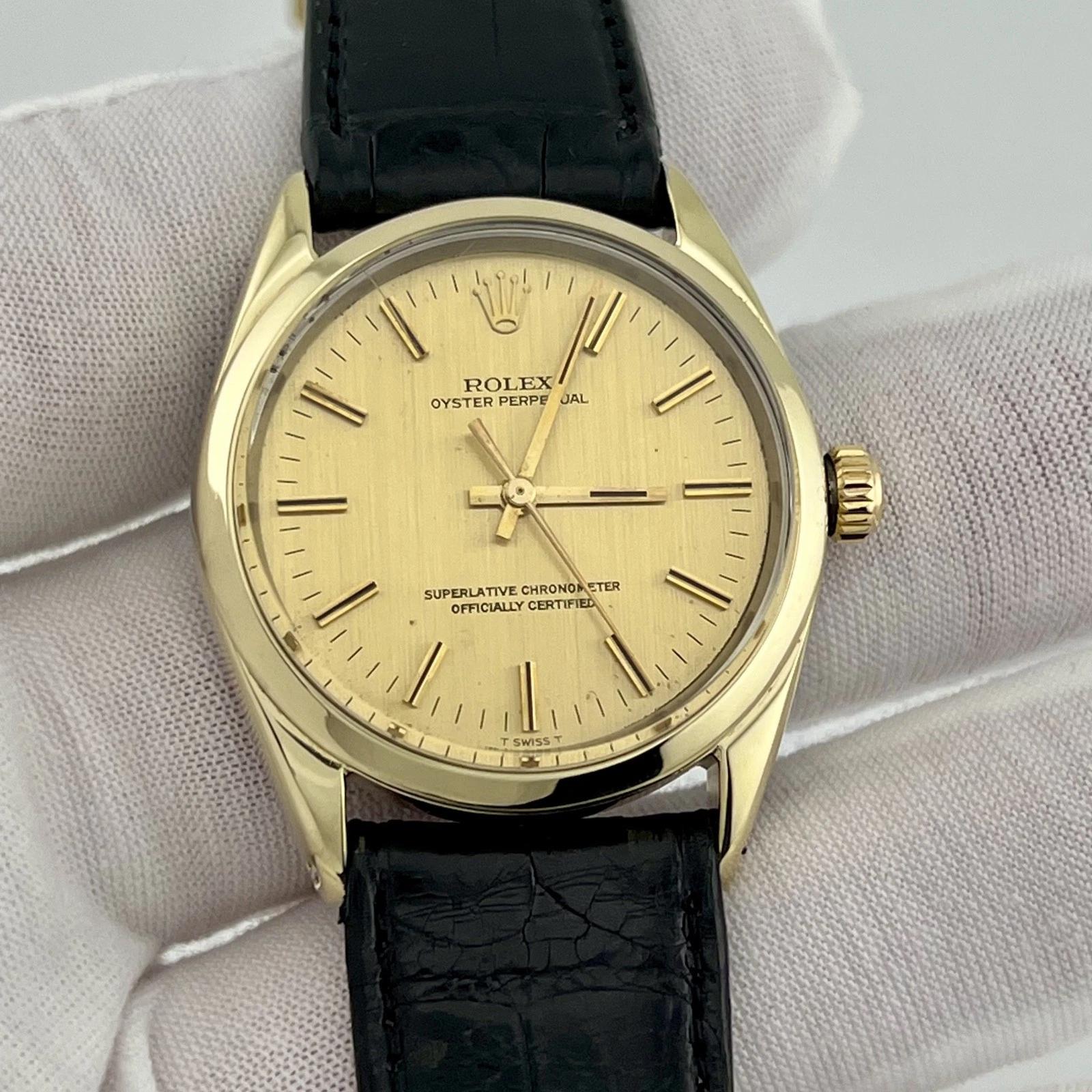 Rolex Oyster Perpetual 1024 Or jaune Acier Cadran Champagne Bracelet cuir Excellent état - En vente à San Diego, CA