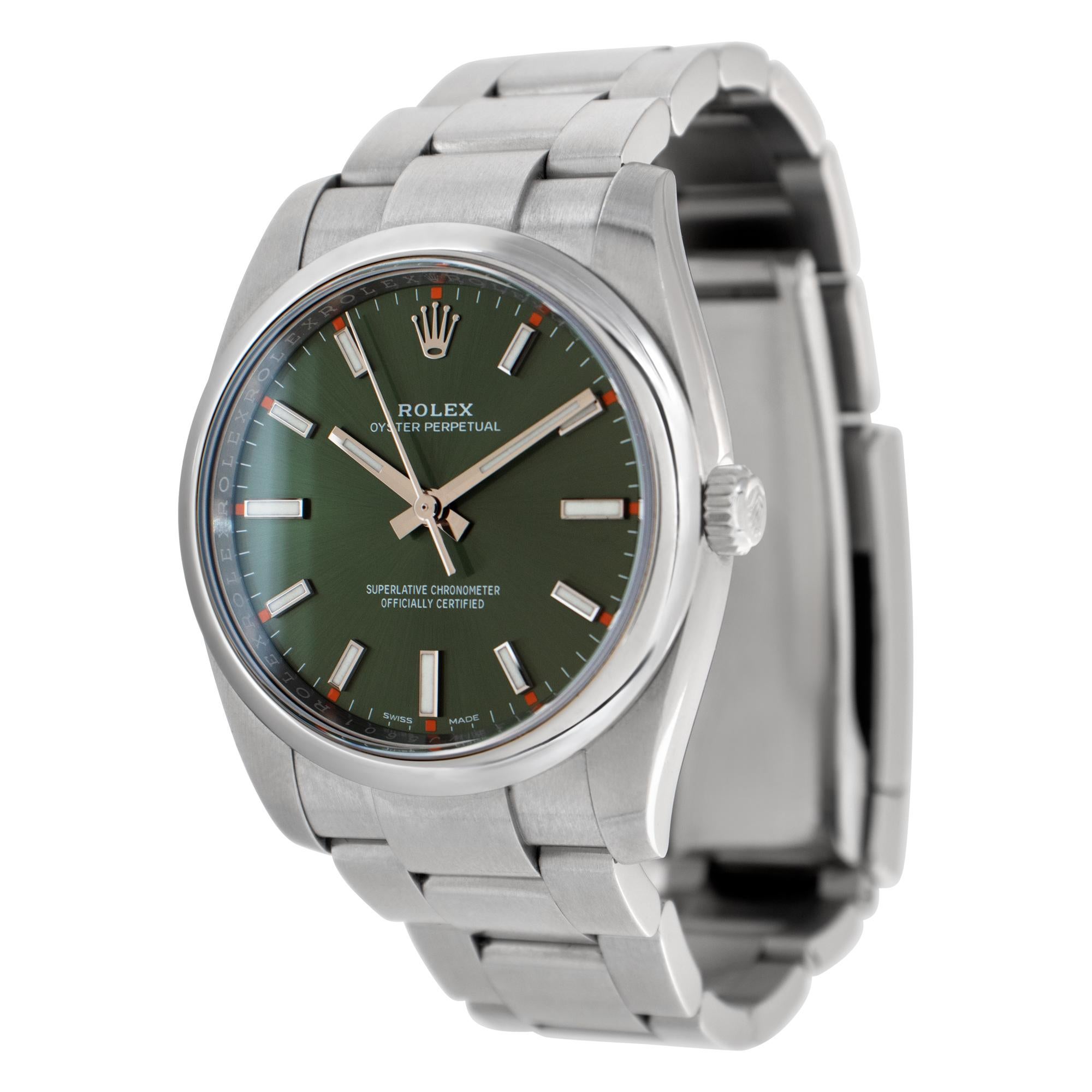 Rolex Oyster Perpetual in stainless steel with olive green dial on an Oyster link bracelet. 34 mm case size. **Bank wire only at this price** Ref 114200. Circa 2020s. Fine Pre-owned Rolex Watch. Certified preowned Classic Rolex Oyster Perpetual