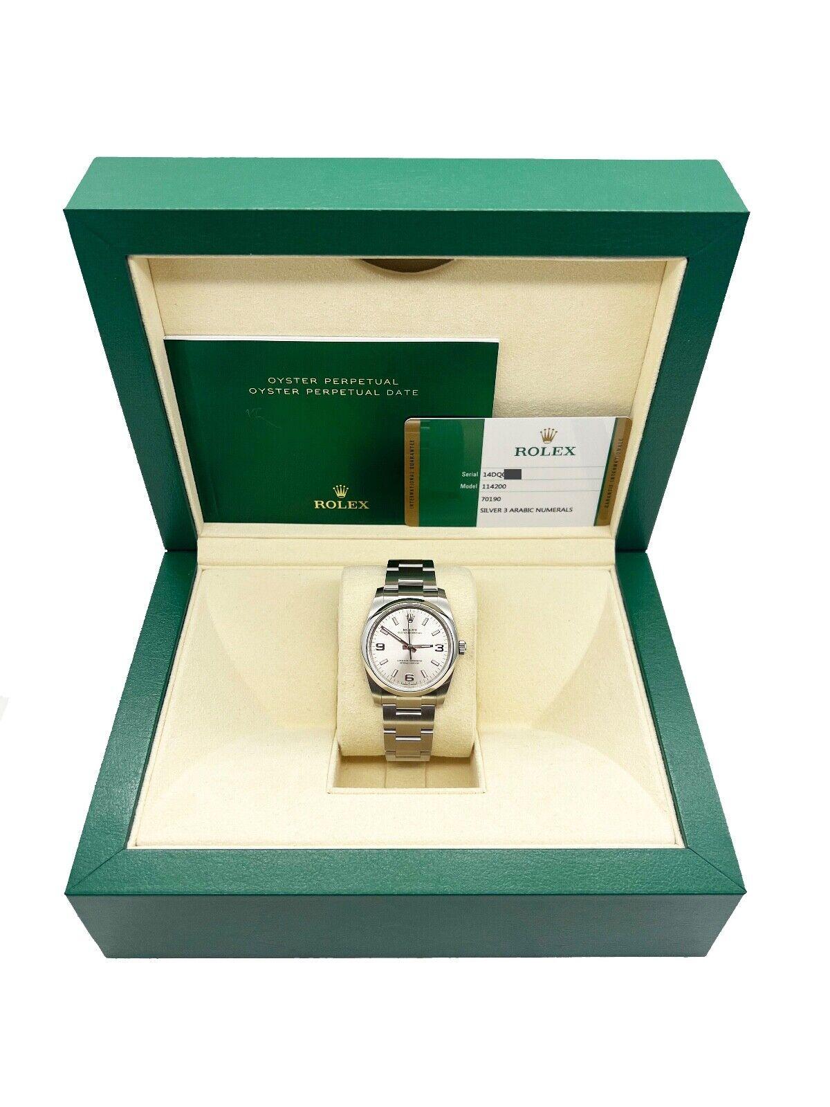 Rolex Oyster Perpetual 114200 Silver Dial Stainless Steel Box Papers 2019 In Excellent Condition In San Diego, CA