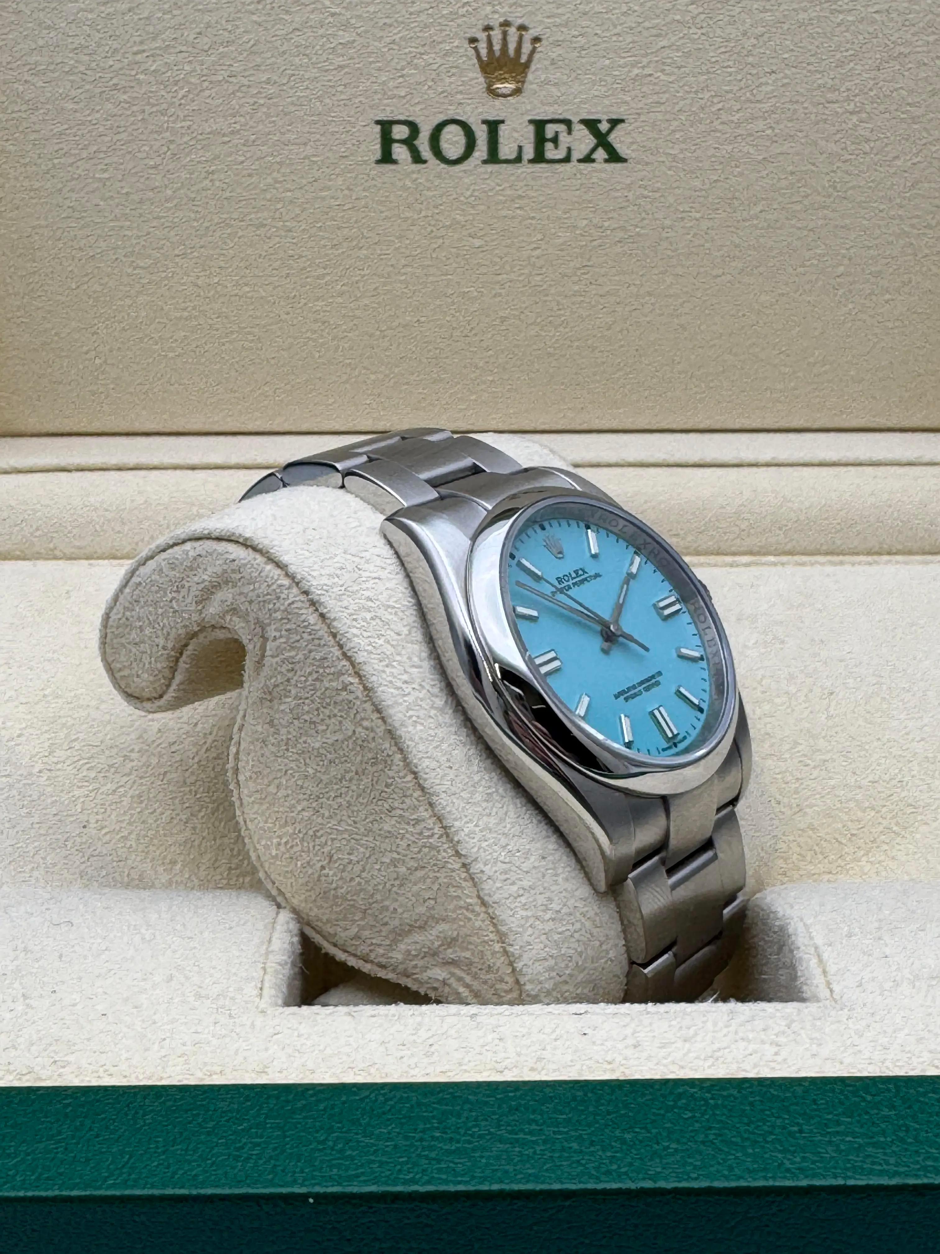 Rolex Oyster Perpetual 114300 39mm Custom Türkis Zifferblatt Box Papiere 124300 Stil im Angebot 1
