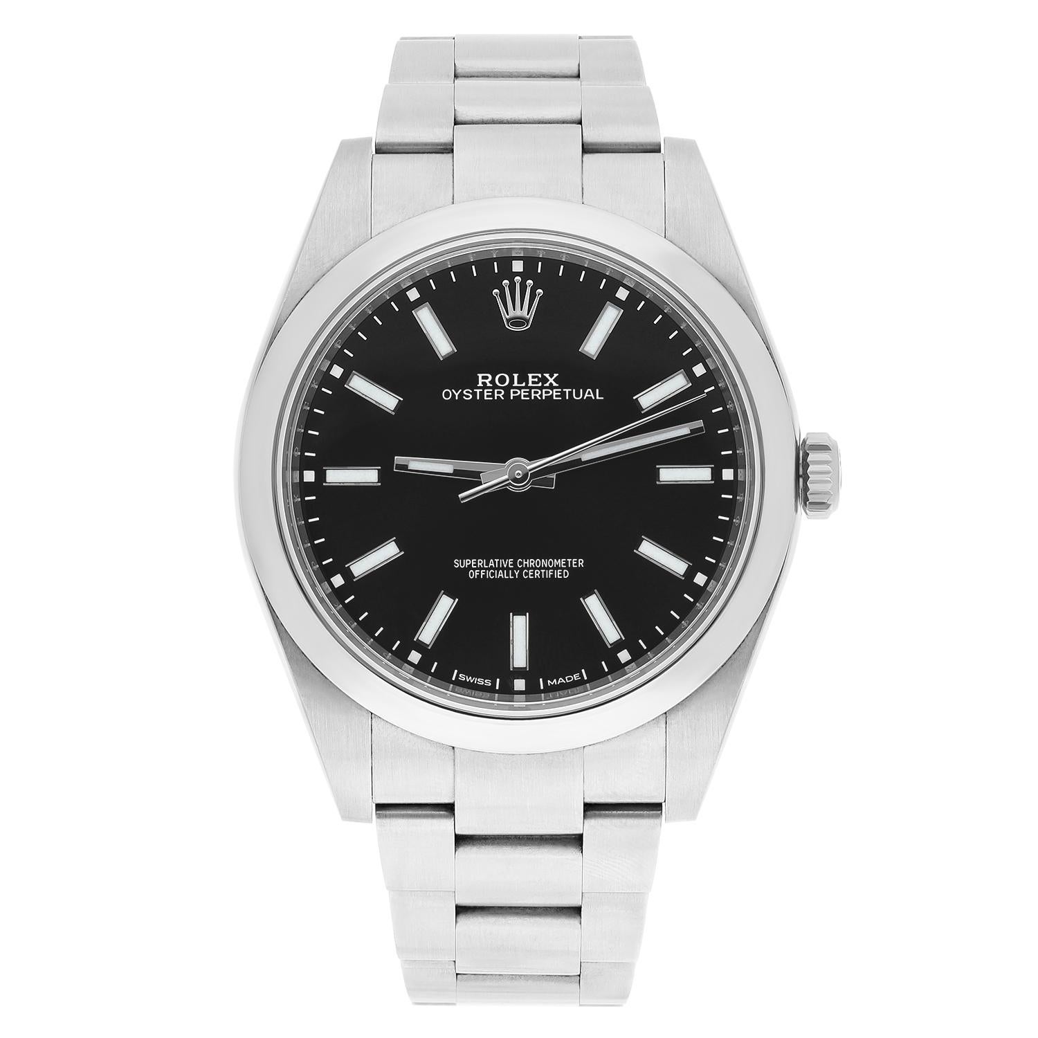 No longer in production, this 39mm stainless steel Oyster Perpetual ref. 114300 is in perfect condition. It has been professionally polished and does not have any visible scratches or blemishes. 

It features the black soleil dial with Chromalight