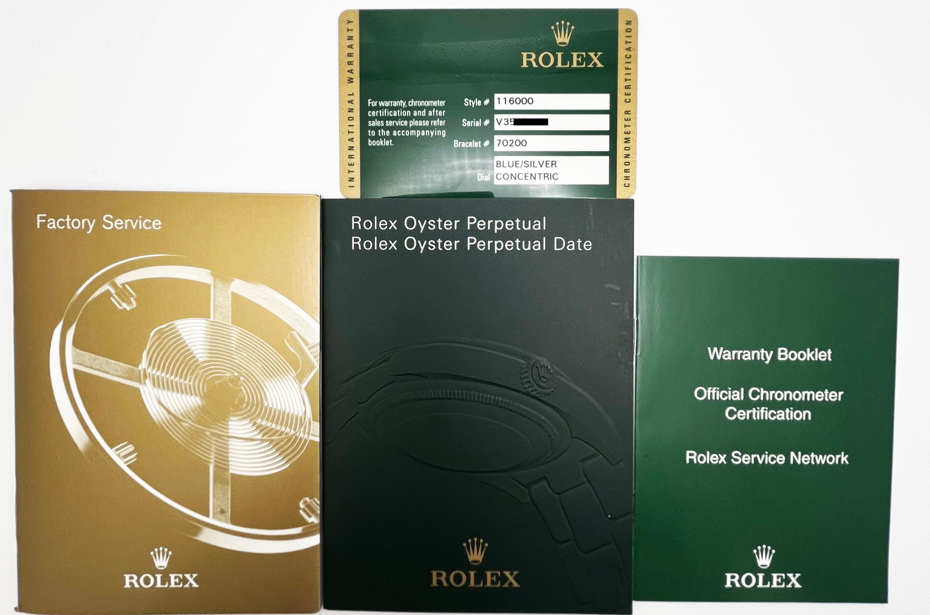 Rolex Oyster Perpetual 116000 36mm Esfera Concéntrica Azul Plata Caja Acero Papel en venta 6