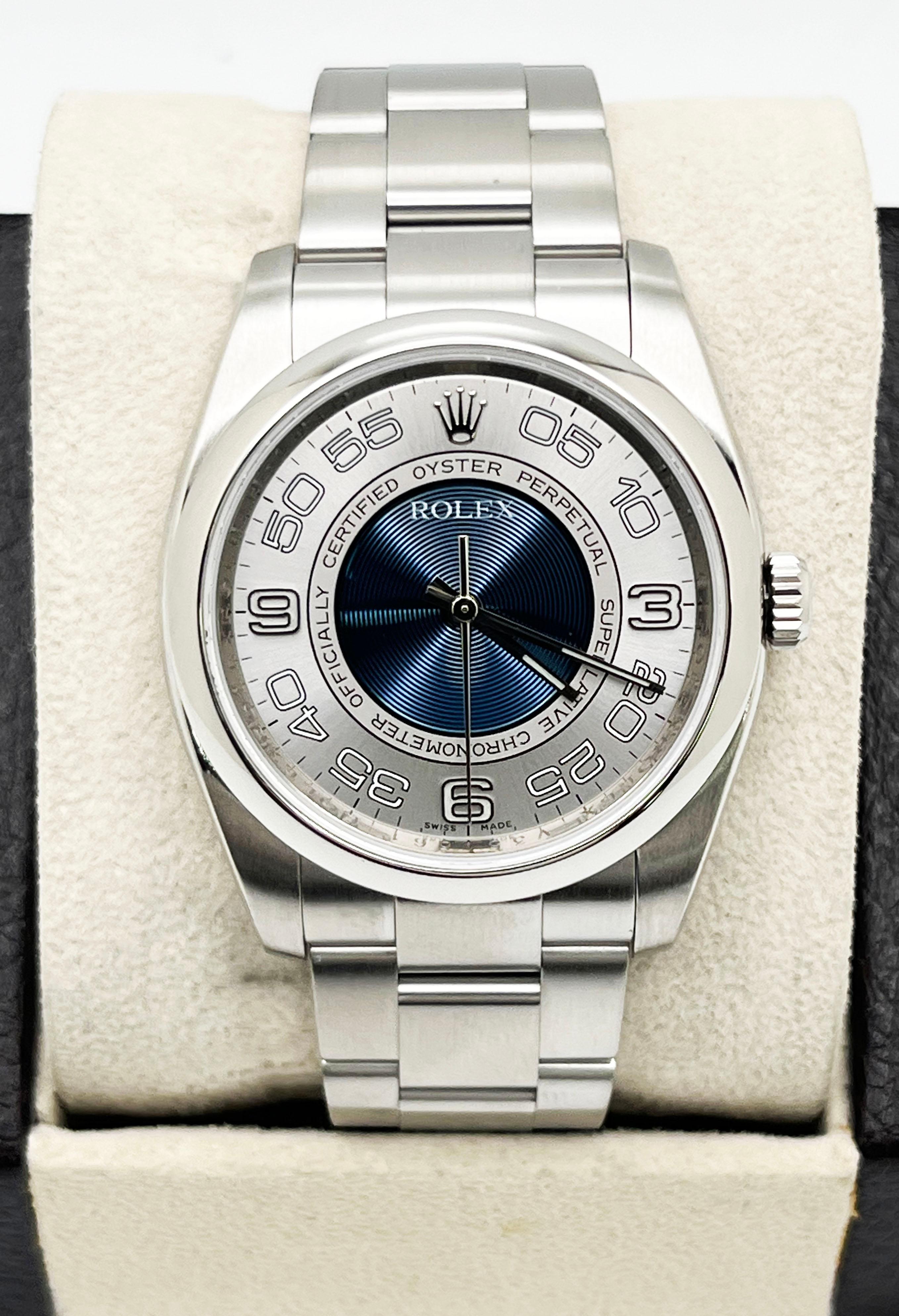 Rolex Oyster Perpetual 116000 36mm Concentric Blue Silver Dial Steel Box Paper For Sale 1