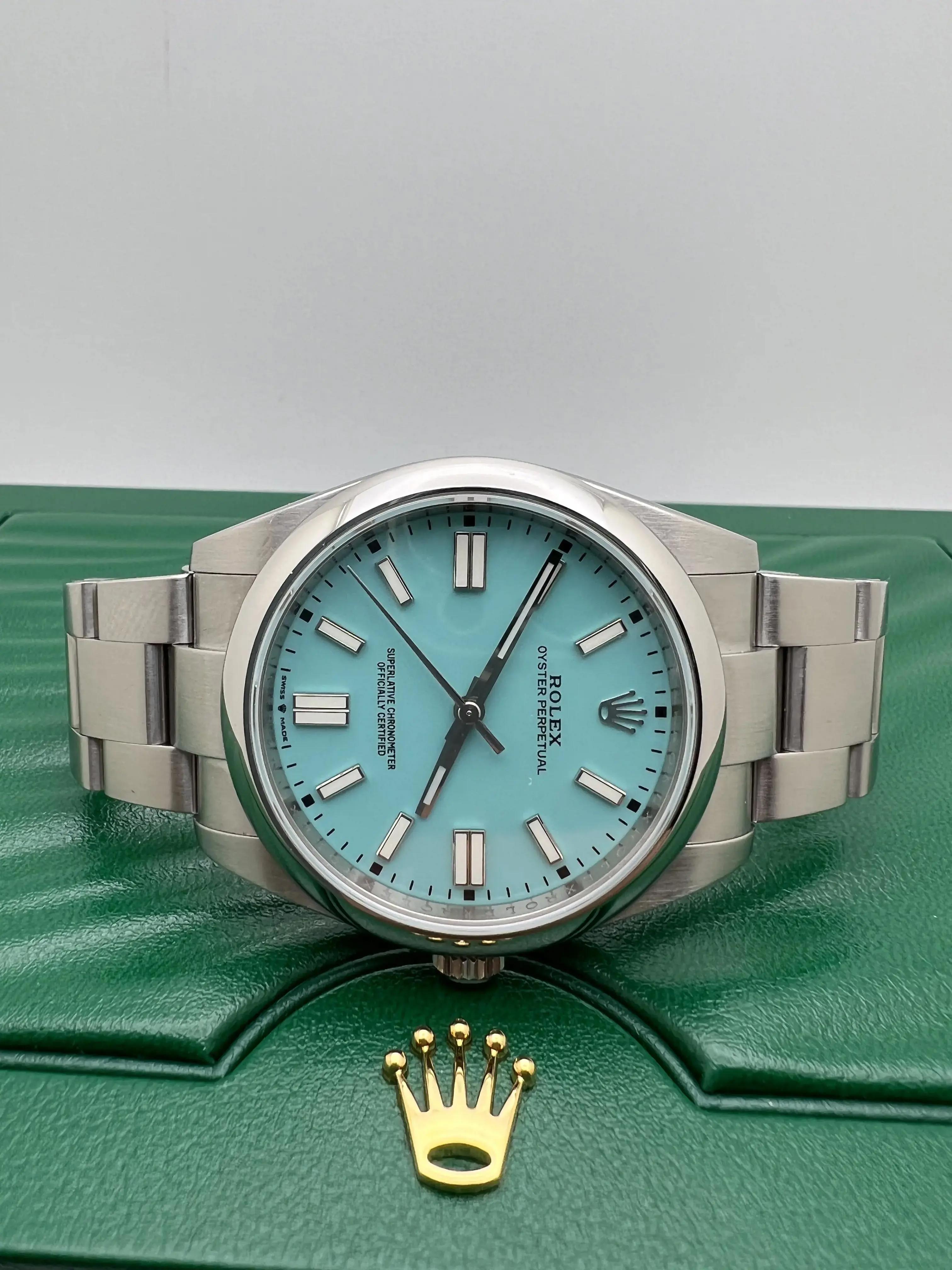 Rolex Oyster Perpetual 116000 36mm Custom Turquoise Dial Box Papers 126000 Style In Excellent Condition For Sale In New York, NY