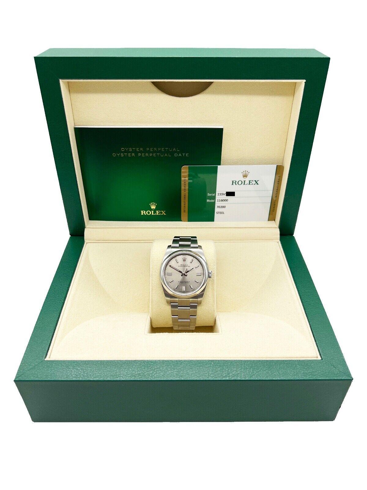 Rolex Oyster Perpetual 116000 36mm Silver Dial Stainless Steel Box Papers In Excellent Condition For Sale In San Diego, CA