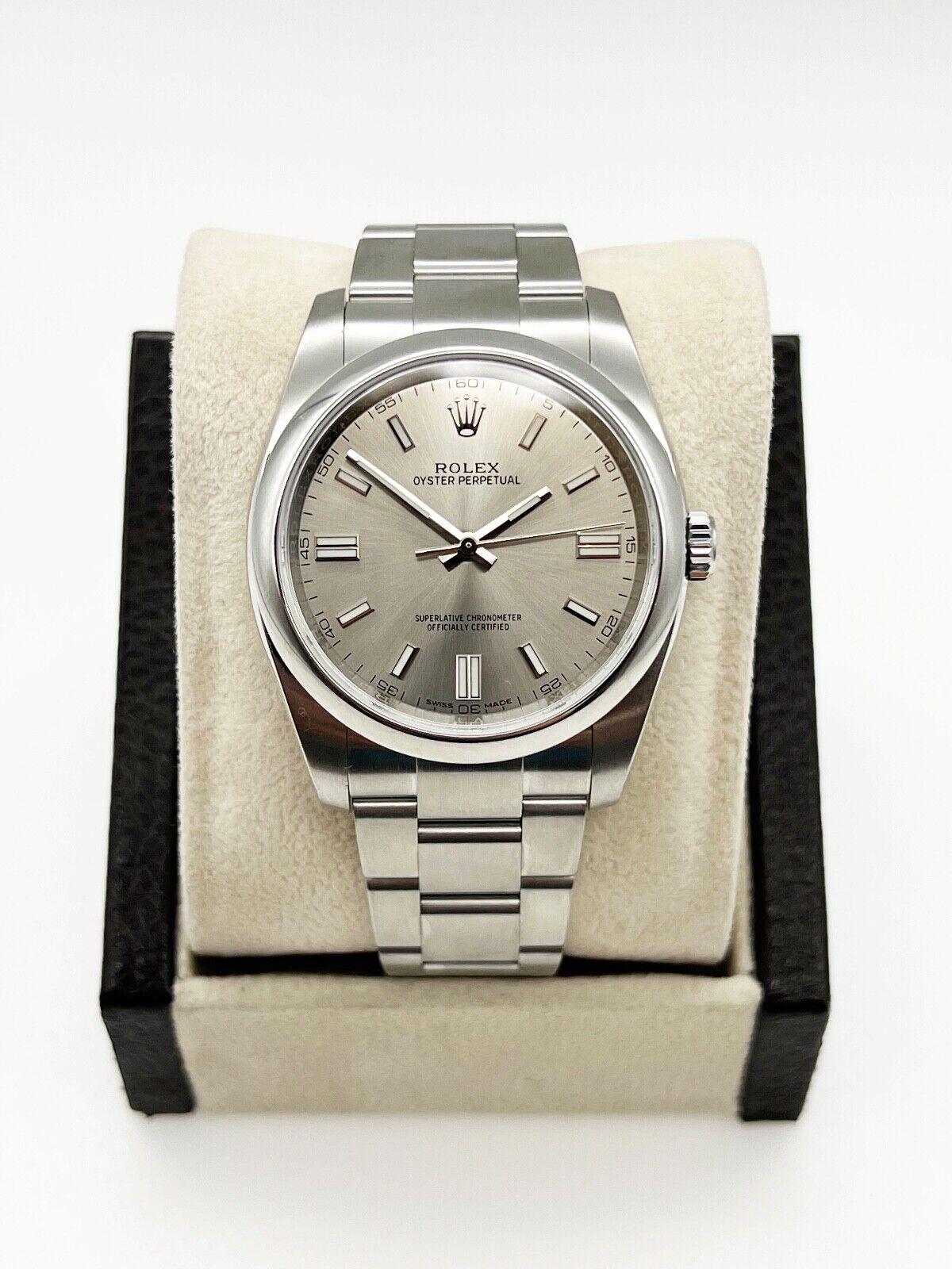 Women's or Men's Rolex Oyster Perpetual 116000 36mm Silver Dial Stainless Steel Box Papers For Sale
