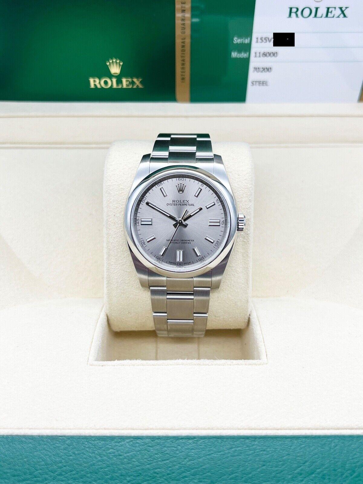 Rolex Oyster Perpetual 116000 36mm Silver Dial Stainless Steel Box Papers For Sale 2