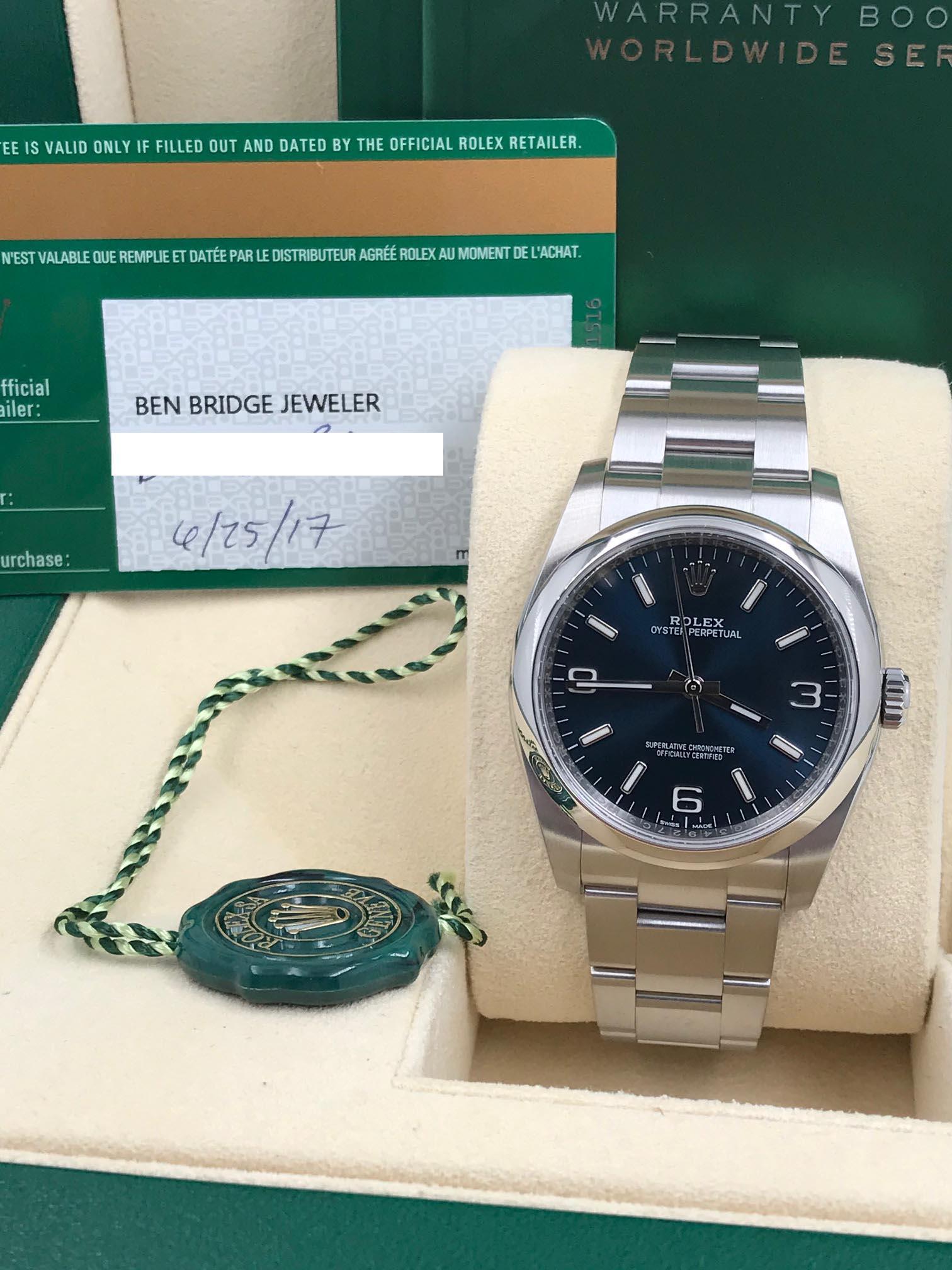 Rolex Oyster Perpetual 116000 Blue Dial Stainless Steel Box Papers, 2017 In Excellent Condition In San Diego, CA