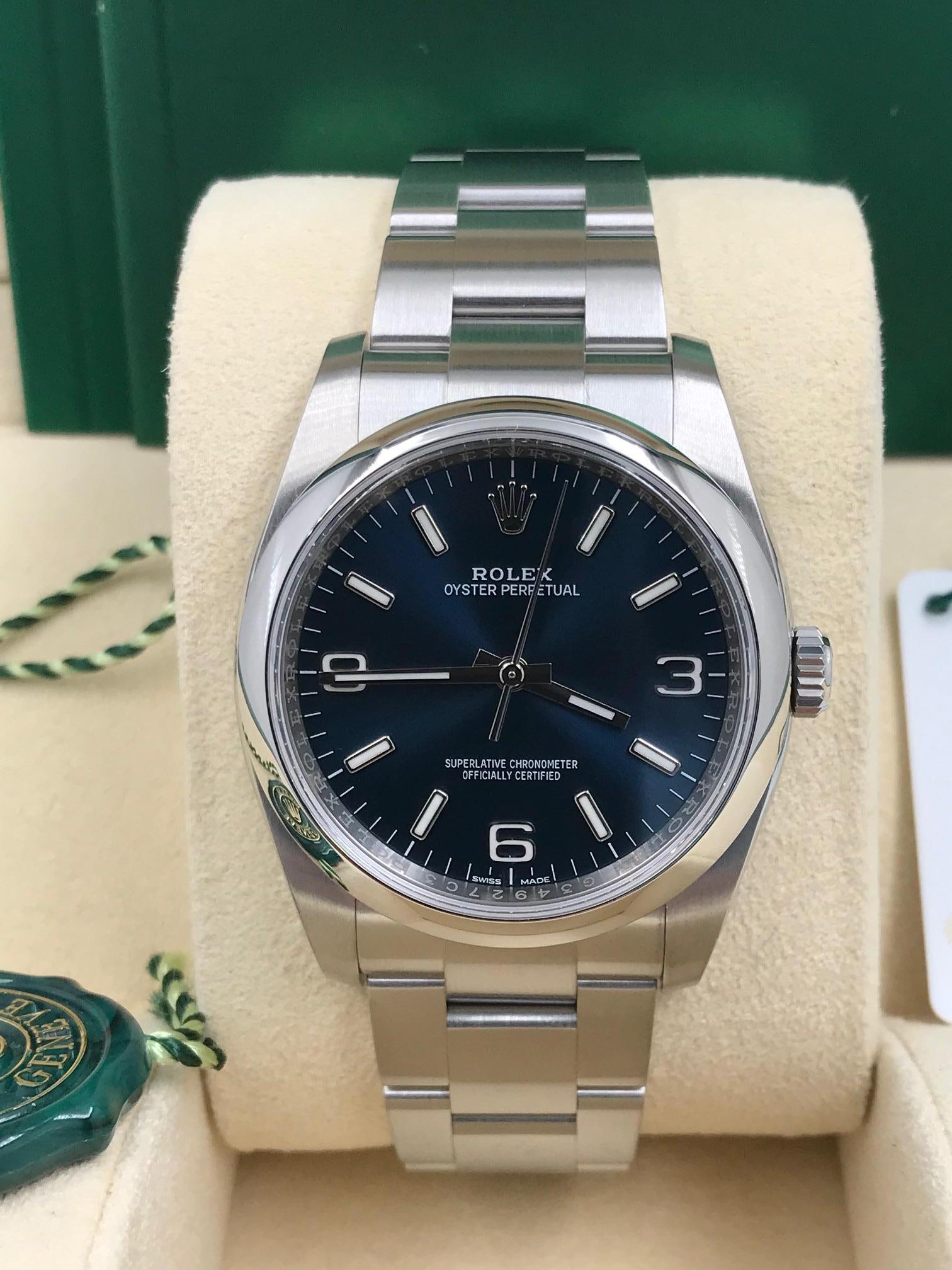 Men's Rolex Oyster Perpetual 116000 Blue Dial Stainless Steel Box Papers, 2017