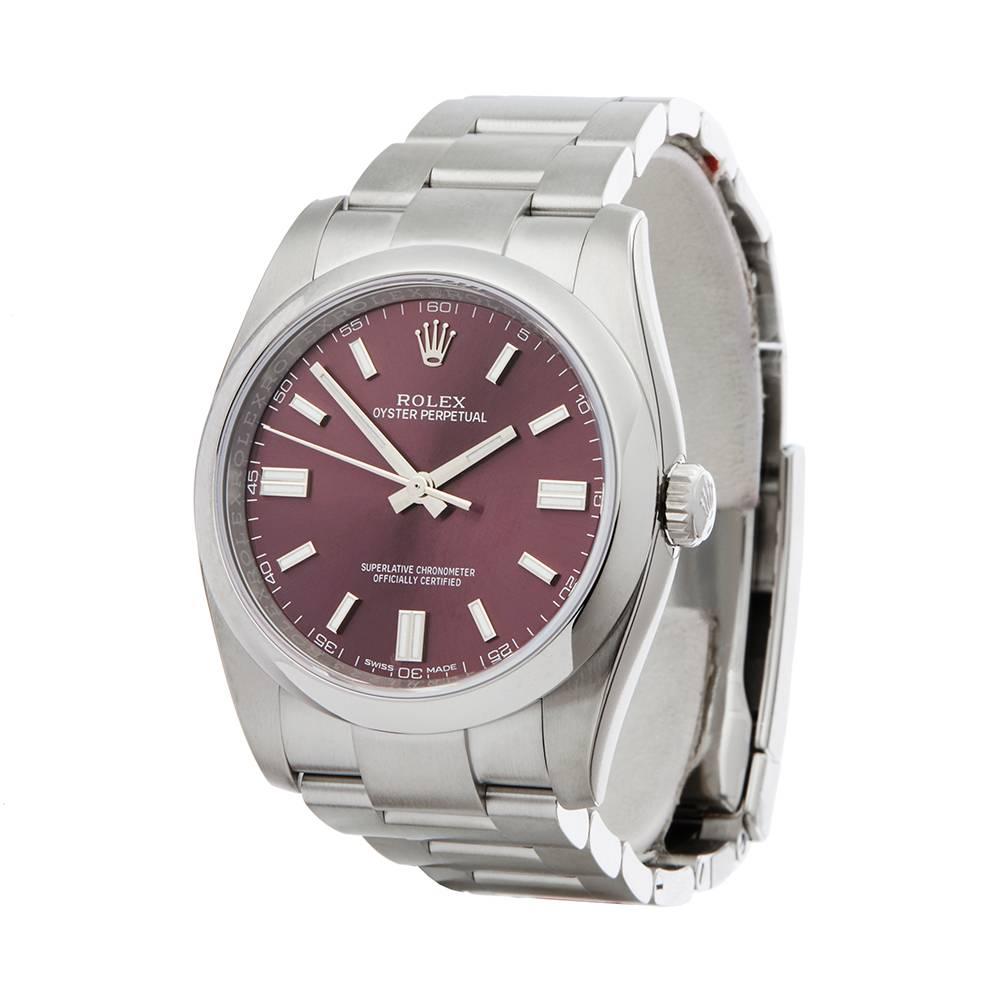Ref: COM1625
Manufacturer: Rolex
Model: Oyster Perpetual
Model Ref: 116000
Age: 18th April 2018
Gender: Mens
Complete With: Box & Guarantee
Dial: Red Grape Baton
Glass: Sapphire Crystal
Movement: Automatic
Water Resistance: To Manufacturers