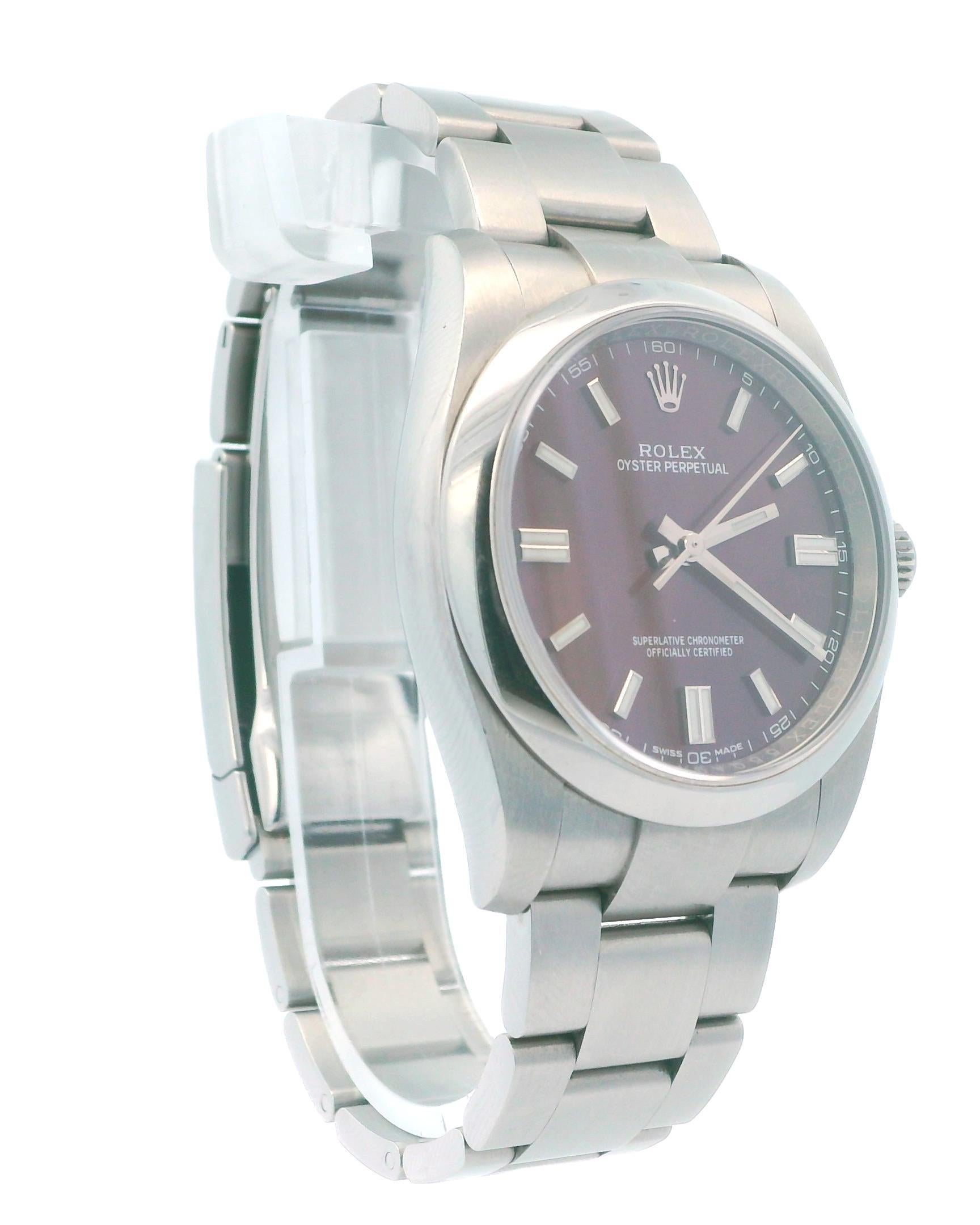 Rolex Oyster Perpetual 116000 Mens Watch. 36mm stainless steel case with smooth bezel. Grape dial with luminous steel hands and index hour marker. Engraved rehaut. Stainless steel Oyster bracelet with fold over clasp. Will fit up to 7-inch wrist.