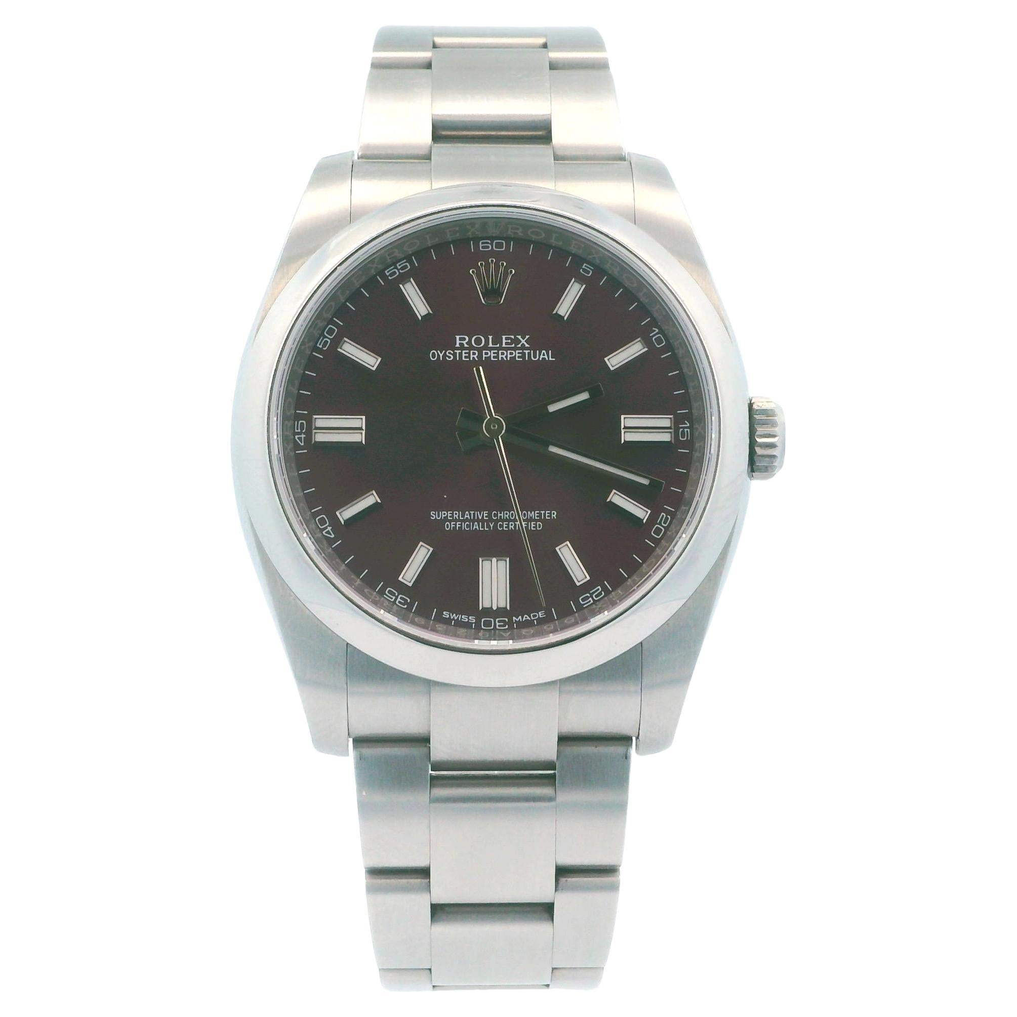 Rolex Oyster Perpetual 116000 Rot-Traube Zifferblatt Stahl Box Papiere