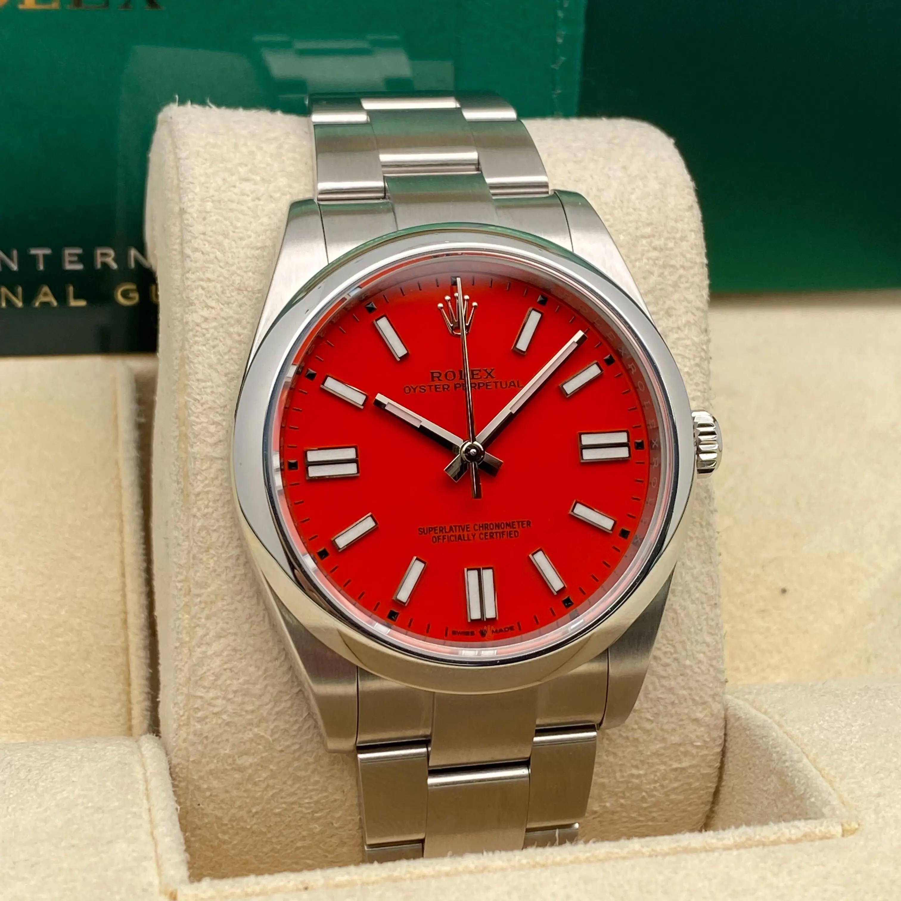 Rolex Oyster Perpetual 124300 41mm Stahl Koralle rotes Zifferblatt Oyster Uhr Herren im Angebot