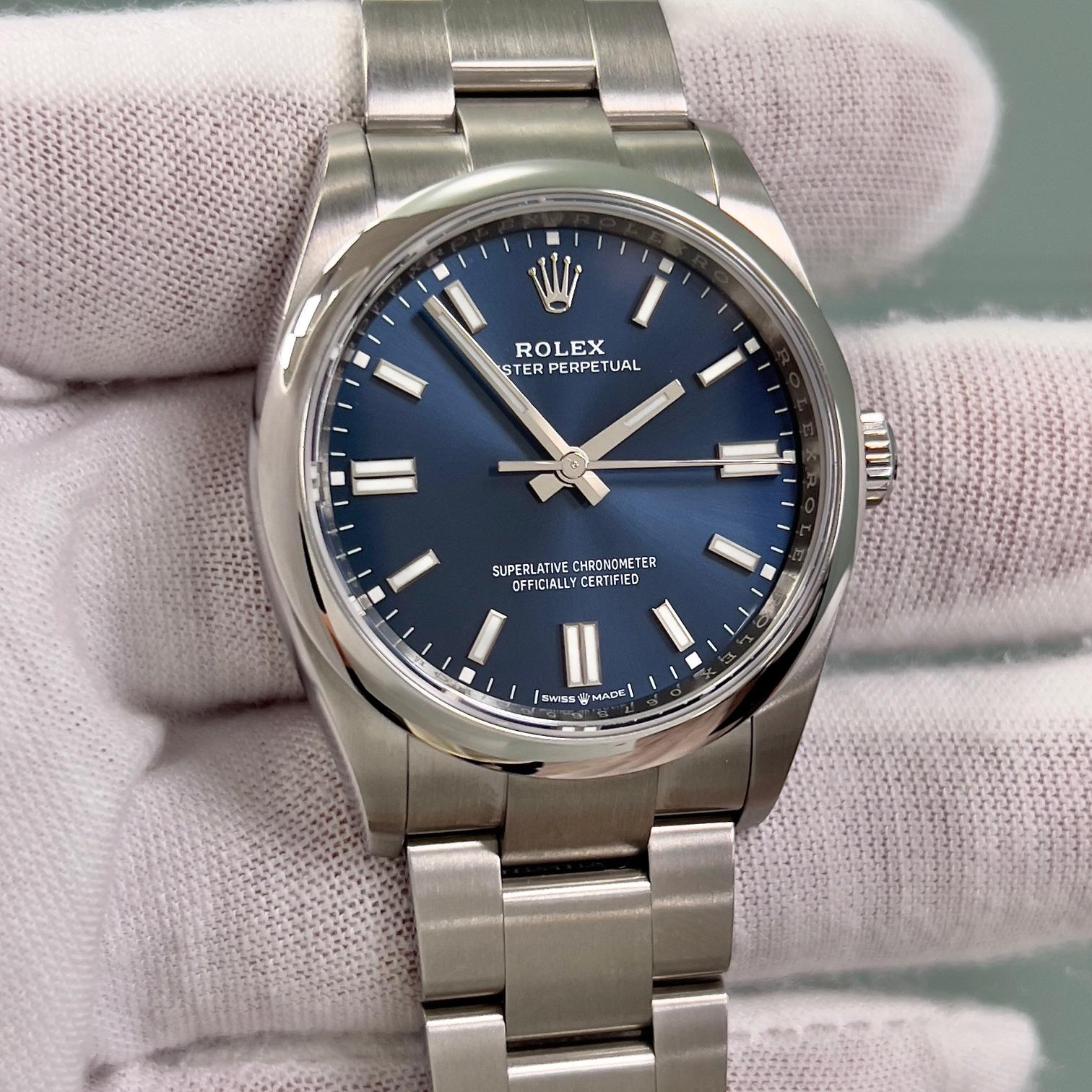 Men's Rolex Oyster Perpetual 126000 36mm Blue Dial Stainless Steel Box Paper 2022 For Sale