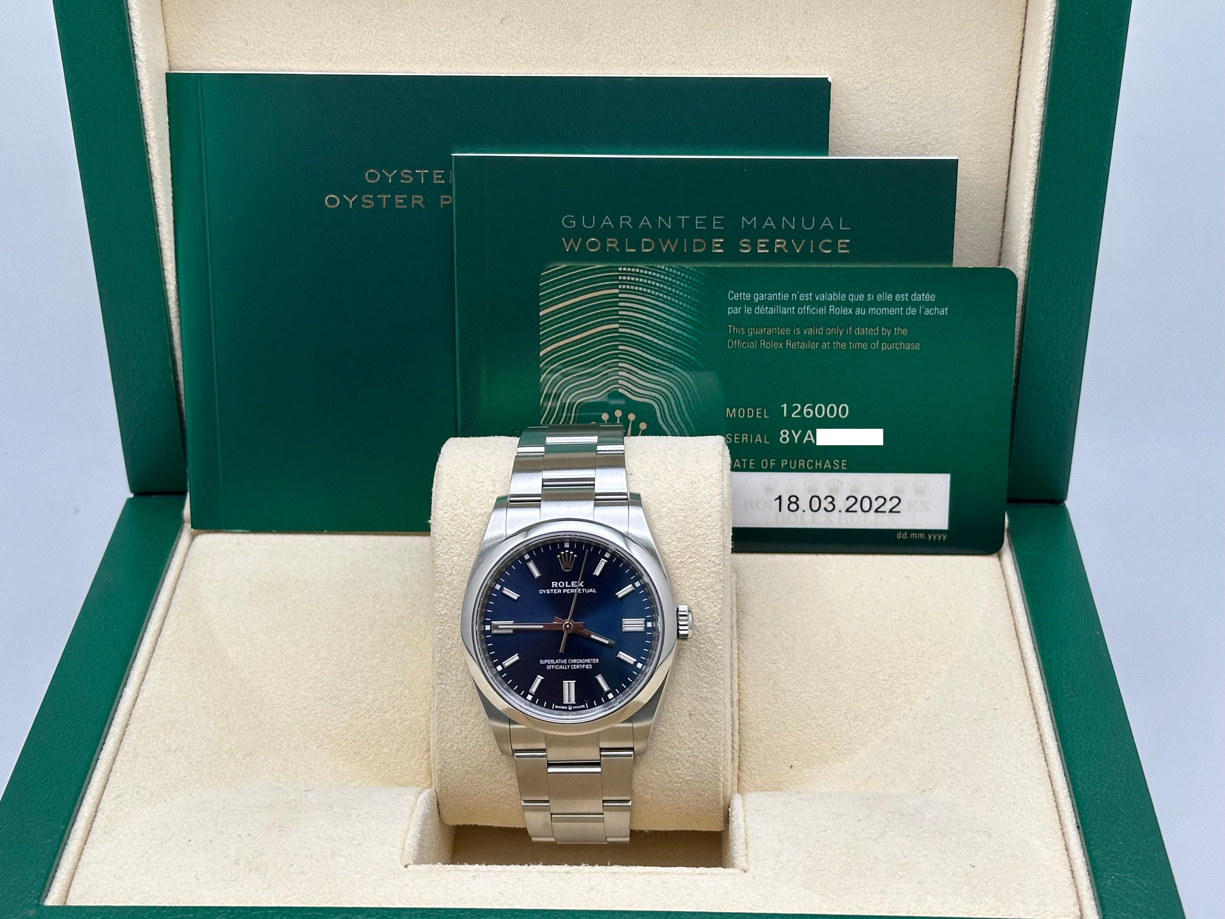 Rolex Oyster Perpetual 126000 36mm Blue Dial Stainless Steel Box Paper 2022 4