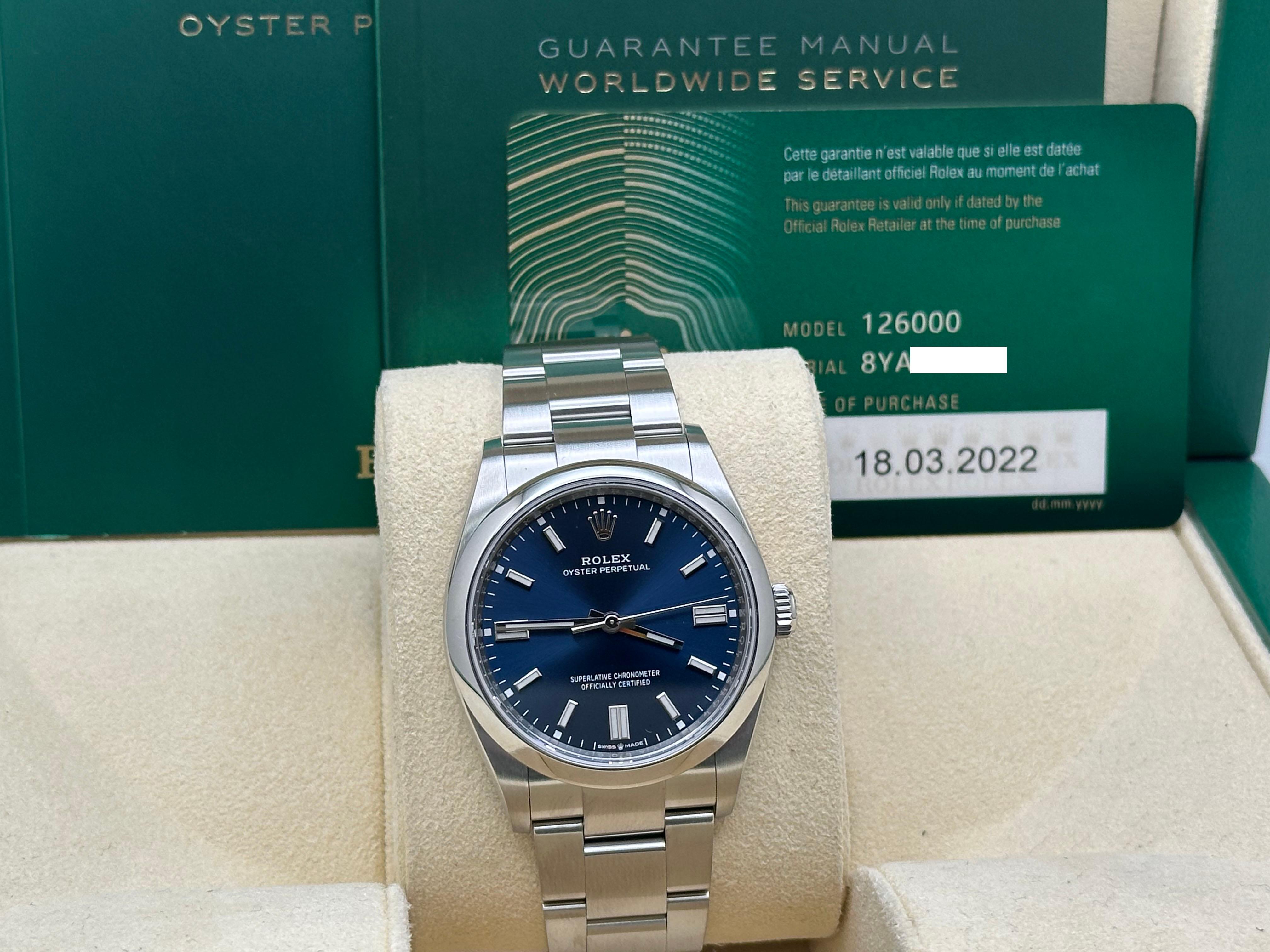 Rolex Oyster Perpetual 126000 36mm Blue Dial Stainless Steel Box Paper 2022 5