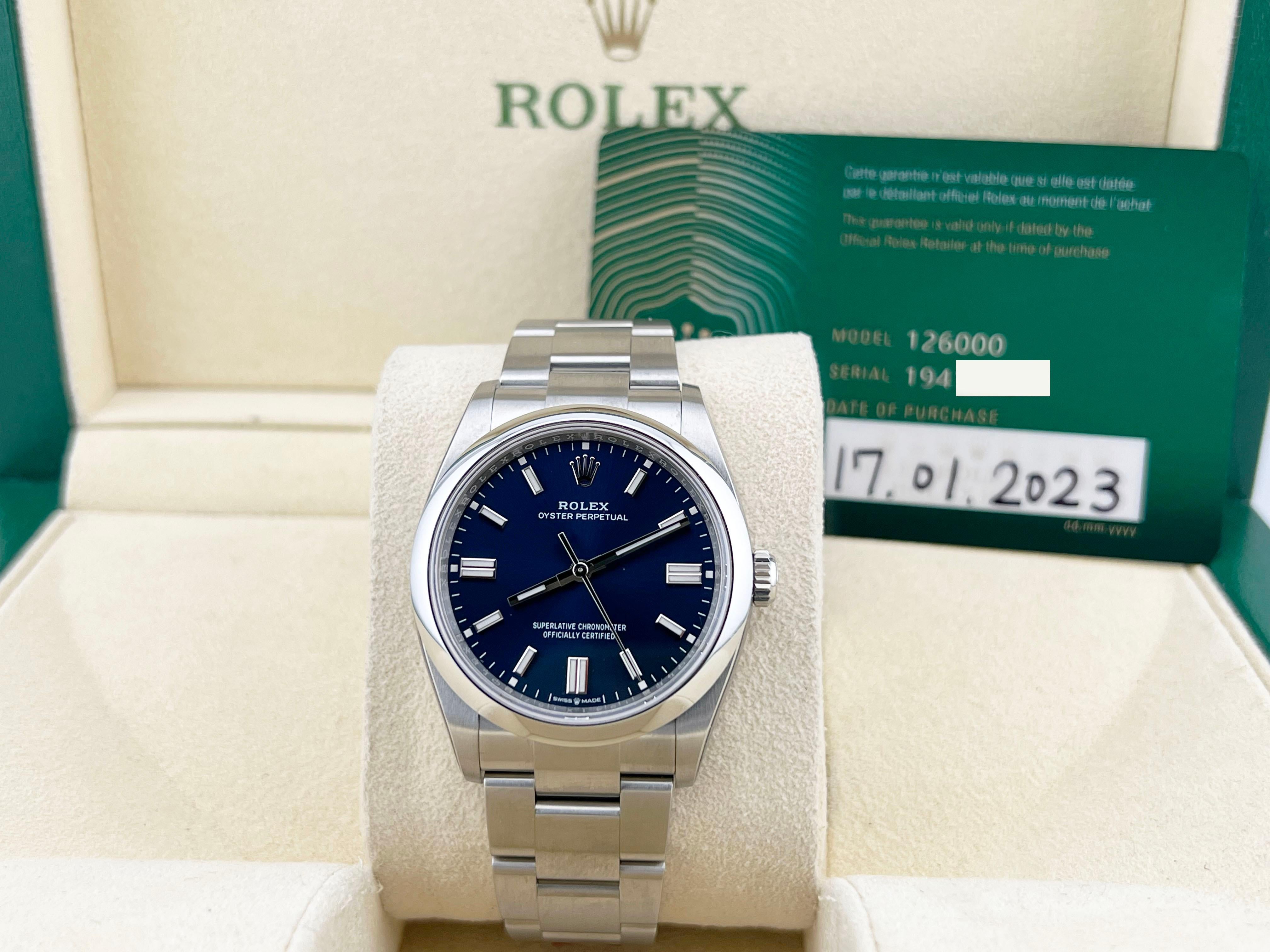 Stilnummer: 126000

Seriennummer: 1941***

Jahr: 2023

Modell: Rolex Oyster Perpetual 

MATERIAL des Gehäuses: Rostfreier Stahl 

Band: Rostfreier Stahl 

Lünette: Edelstahl

Zifferblatt: Blau

Gesicht: Saphirglas 

Gehäusegröße: 36mm