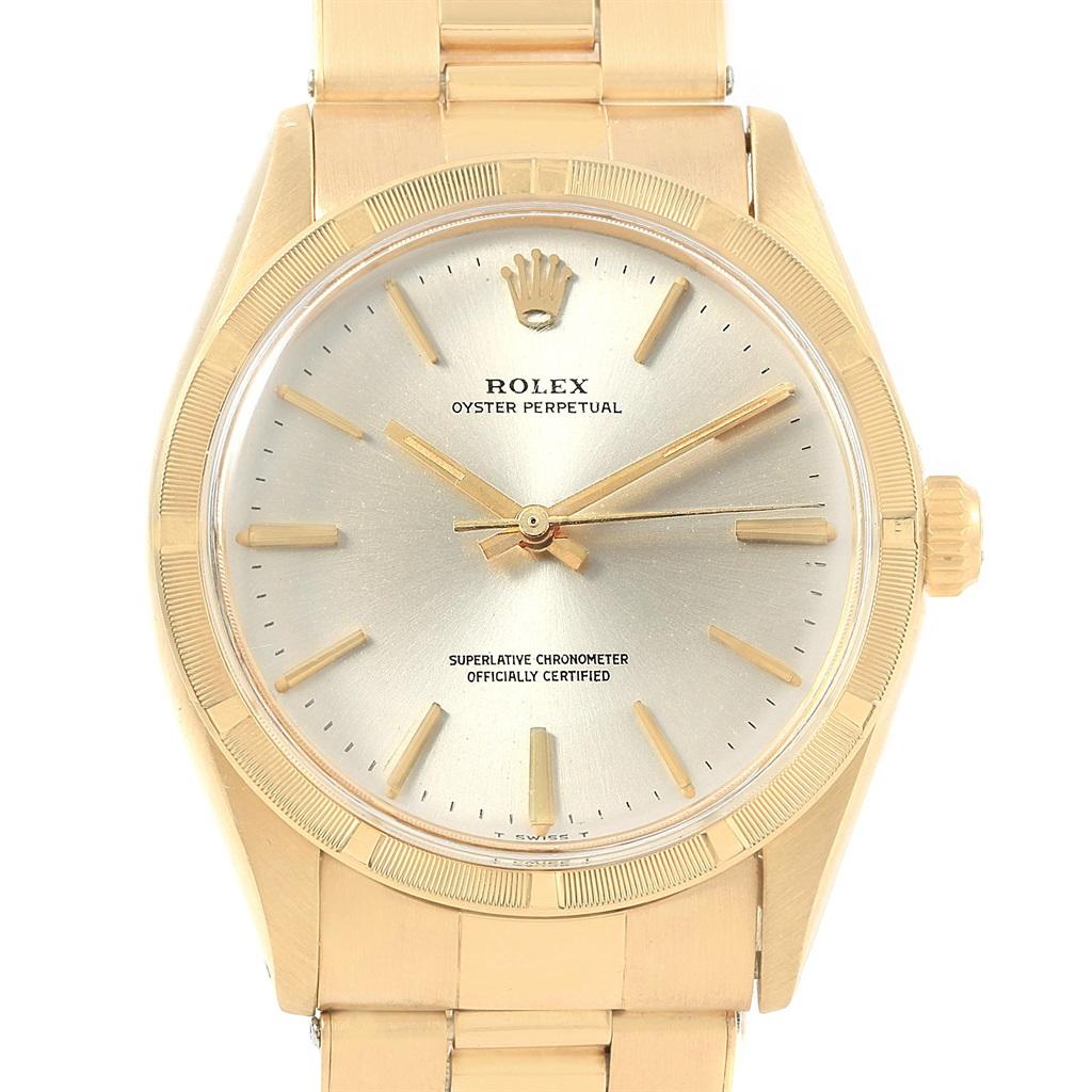 Rolex Oyster Perpetual 14 Karat Yellow Gold Vintage Watch 1007 Box Papers  For Sale at 1stDibs