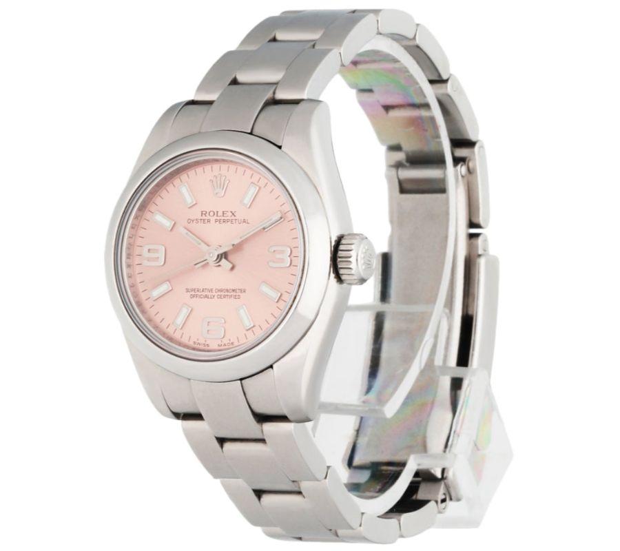 
Rolex Oyster Perpetual 176200 ladies watch. 26MM stainless steel case with smooth steel bezel. Pink dial with luminous steel hands and Arabic numeral & index hour marker. Minute markers on the outer dial. Stainless steel oyster bracelet with a fold