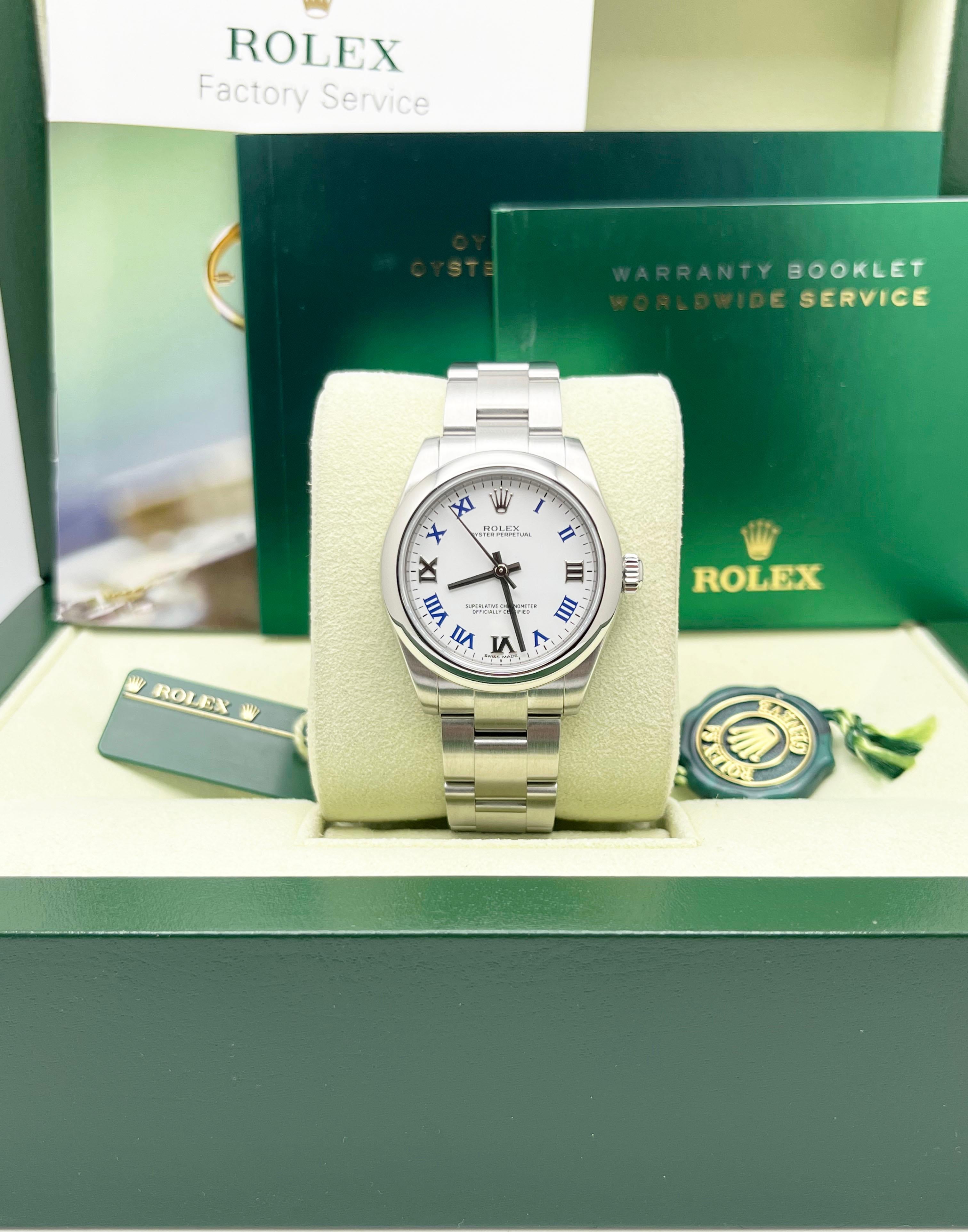 Rolex Oyster Perpetual 177200 Midsize 31mm White Blue Roman Dial Box Booklet In Excellent Condition For Sale In San Diego, CA