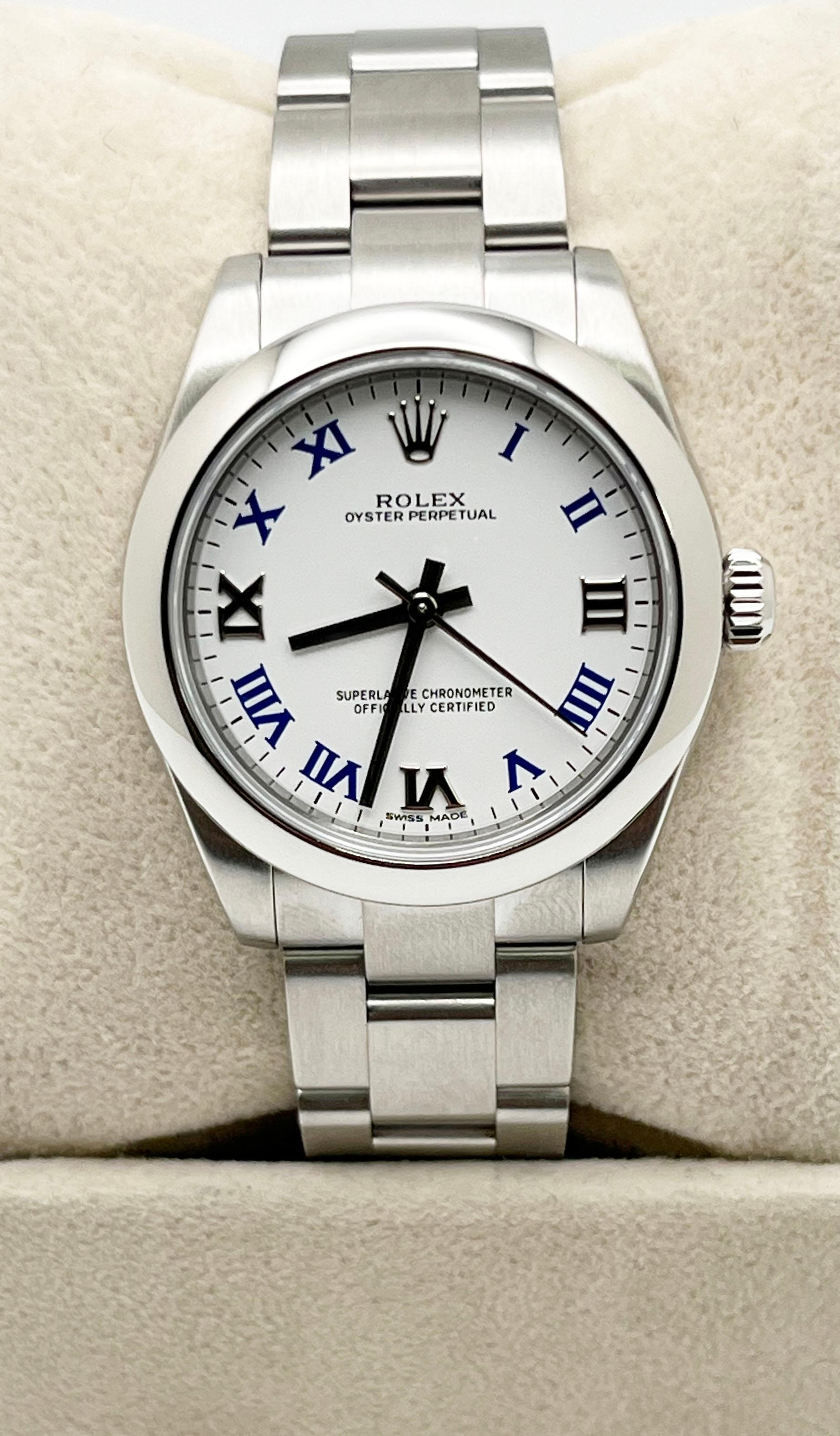 Rolex Oyster Perpetual 177200 Midsize 31mm White Blue Roman Dial Box Booklet For Sale 1