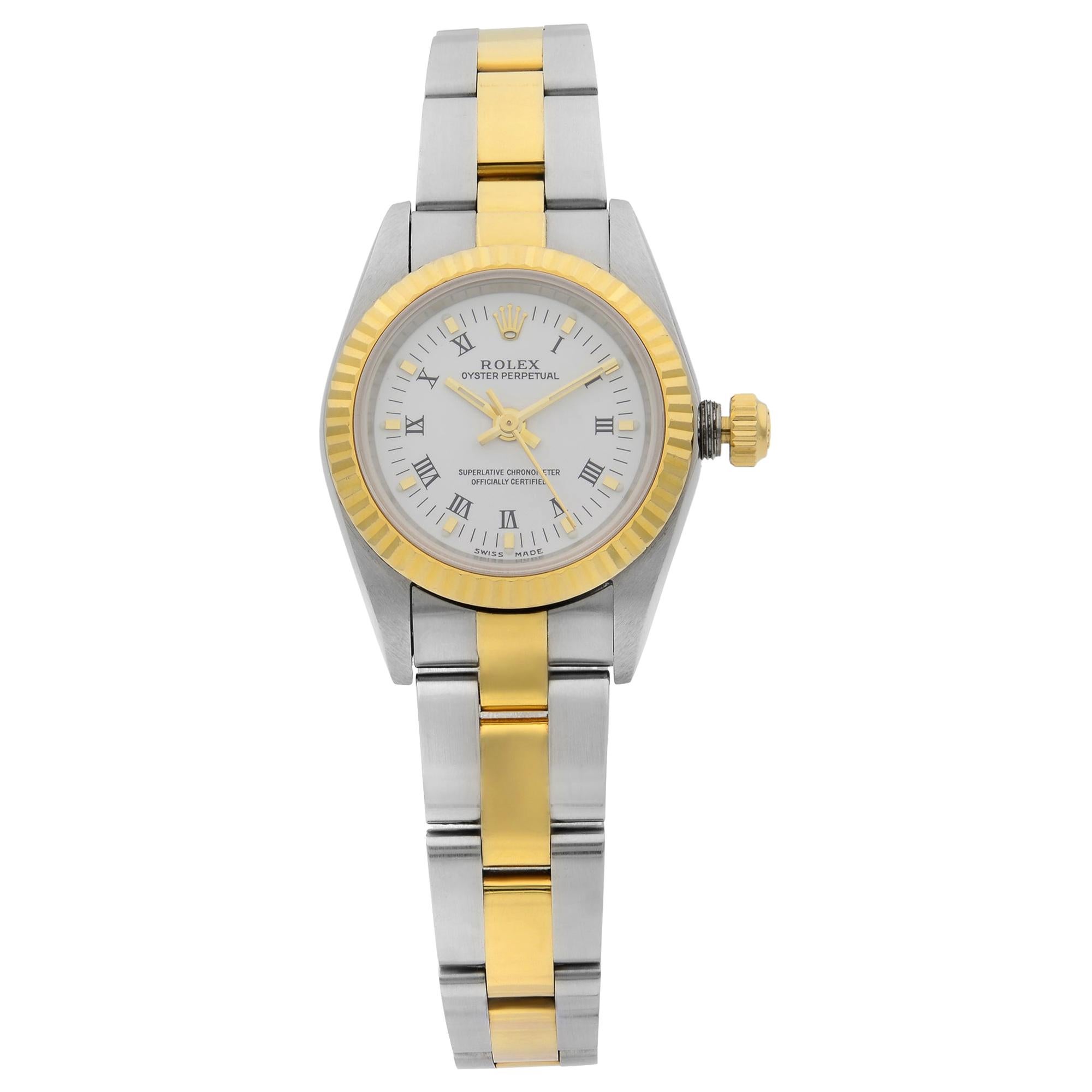 Rolex Oyster Perpetual 18 Karat Gold Steel White Roman Dial Ladies Watch 76193