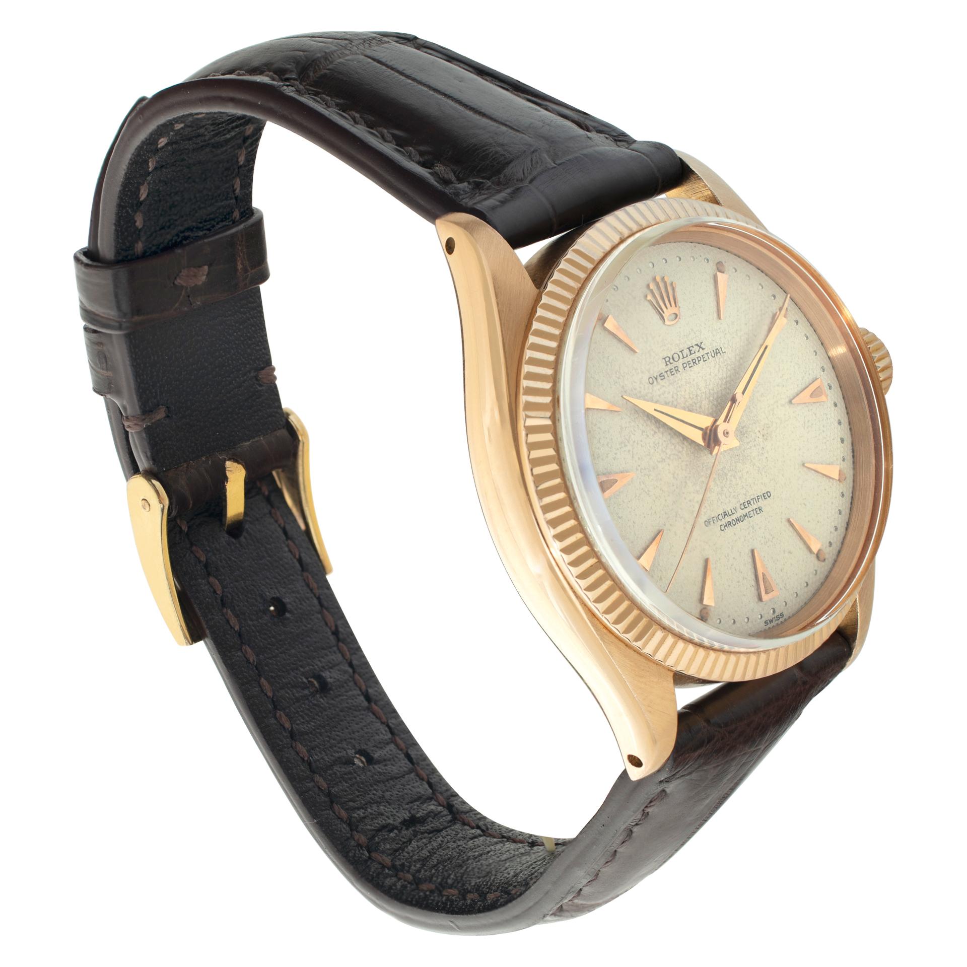 Reloj de pulsera automático Rolex Oyster Perpetual de oro rosa de 18 quilates Ref 6285 en Excelente estado para la venta en Surfside, FL