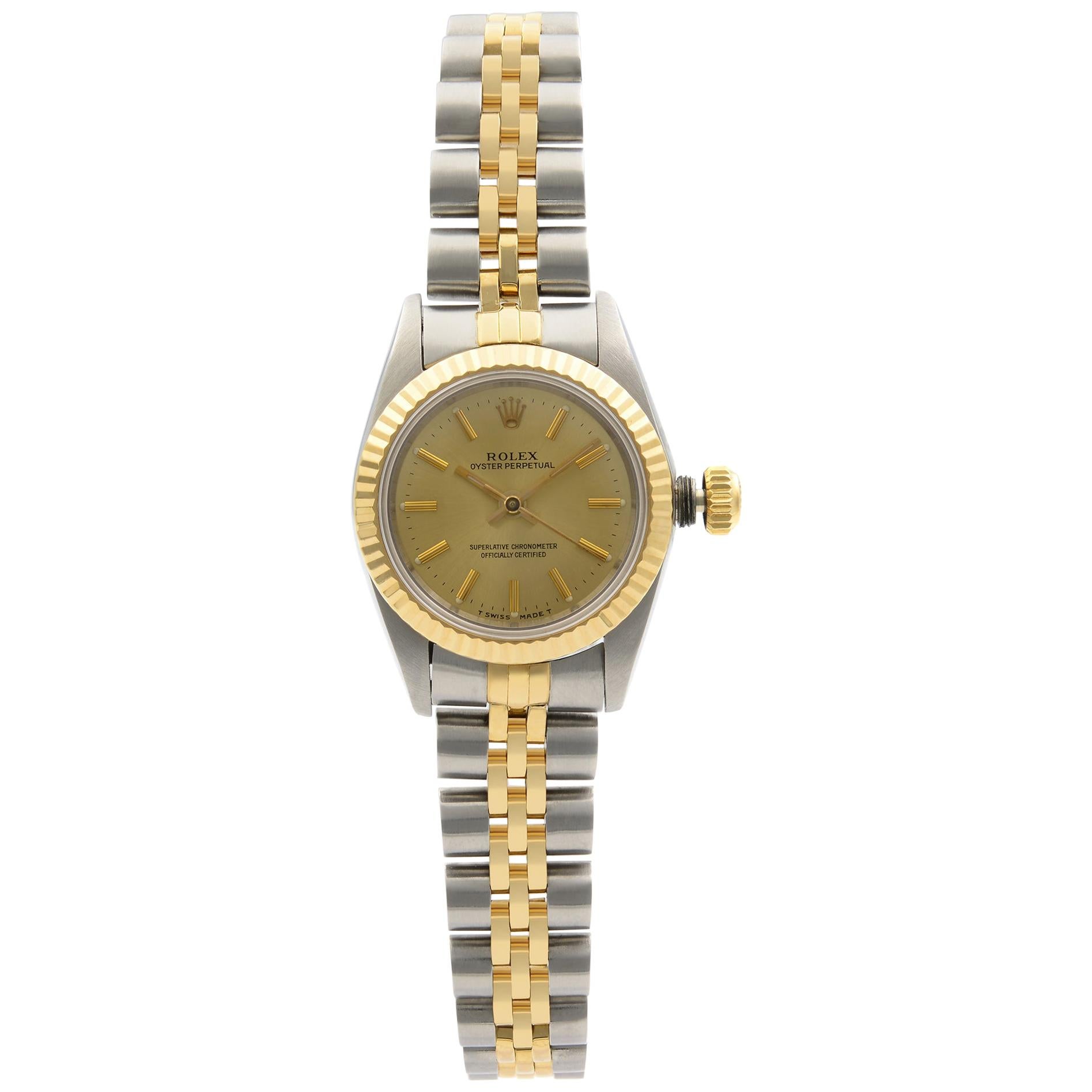 Rolex Oyster Perpetual 18k Yellow Gold Steel Champagne Dial Ladies Watch 67193