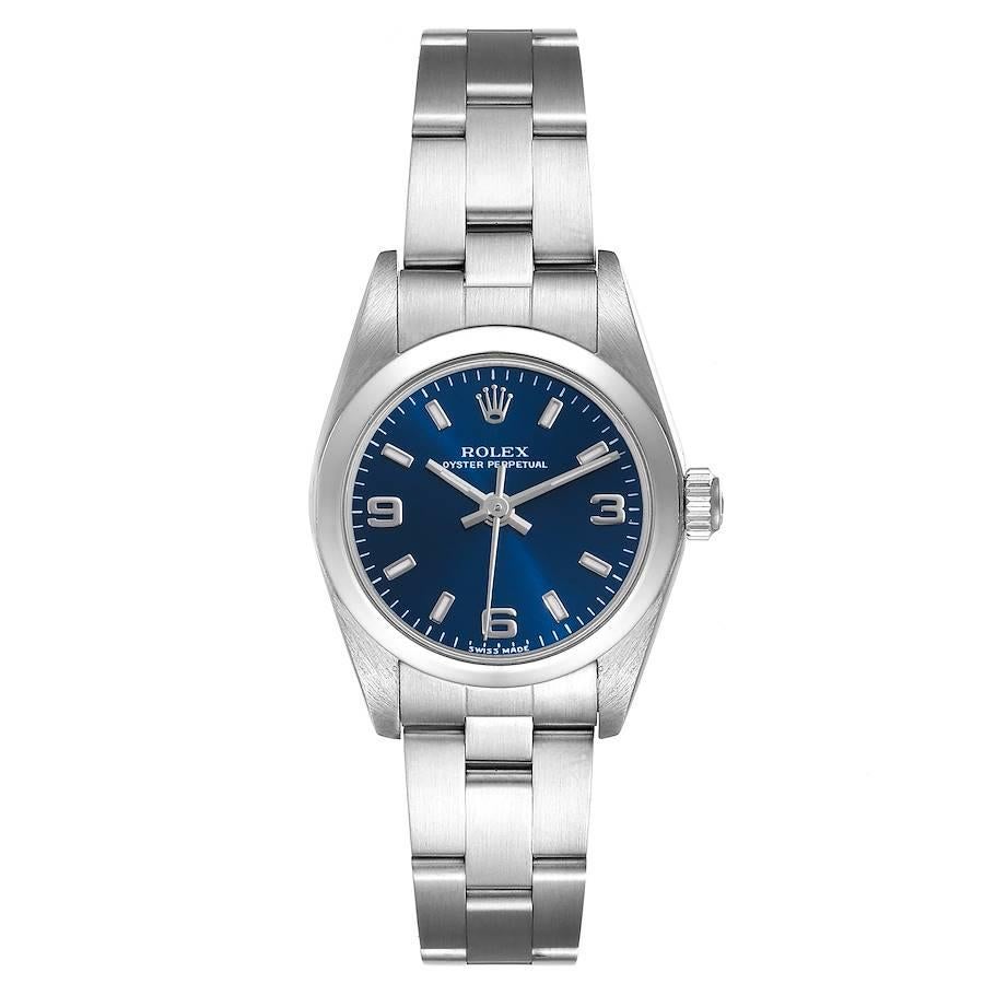 Rolex Oyster Perpetual 24 Nondate Blue Dial Steel Ladies Watch 76080. Officially certified chronometer self-winding movement. Stainless steel oyster case 24.0 mm in diameter. Rolex logo on a crown. Stainless steel smooth domed bezel. Scratch