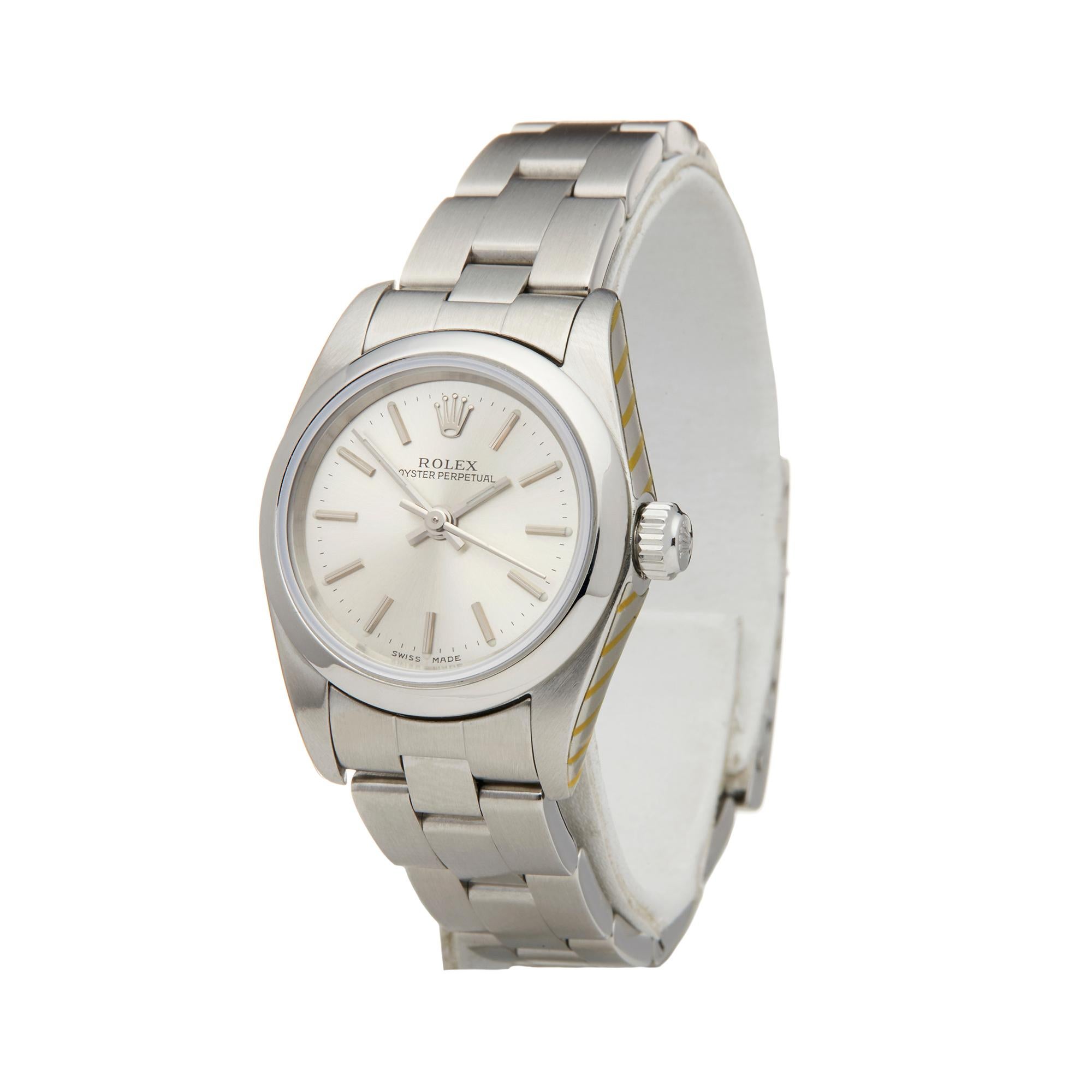 Reference: W6119
Manufacturer: Rolex
Model: Oyster Perpetual
Model Reference: 76080
Age: Circa 2003
Gender: Women's
Box and Papers: Box and Service Papers
Dial: Silver Baton
Glass: Sapphire Crystal
Movement: Automatic
Water Resistance: To