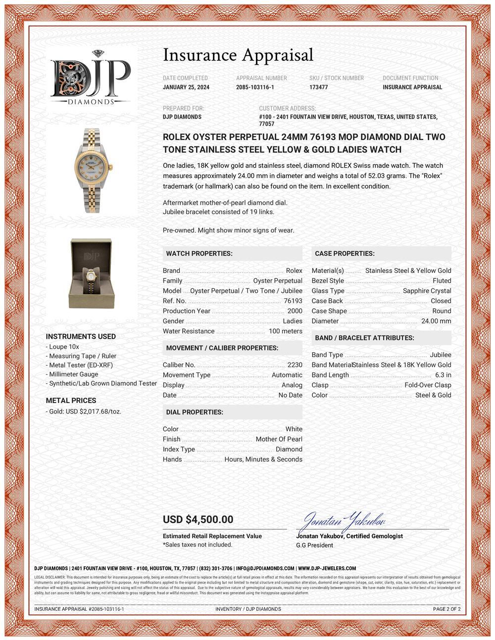 Women's Rolex Oyster Perpetual 24MM 76193 Mop Diamond Stainless Steel Yellow Gold Watch