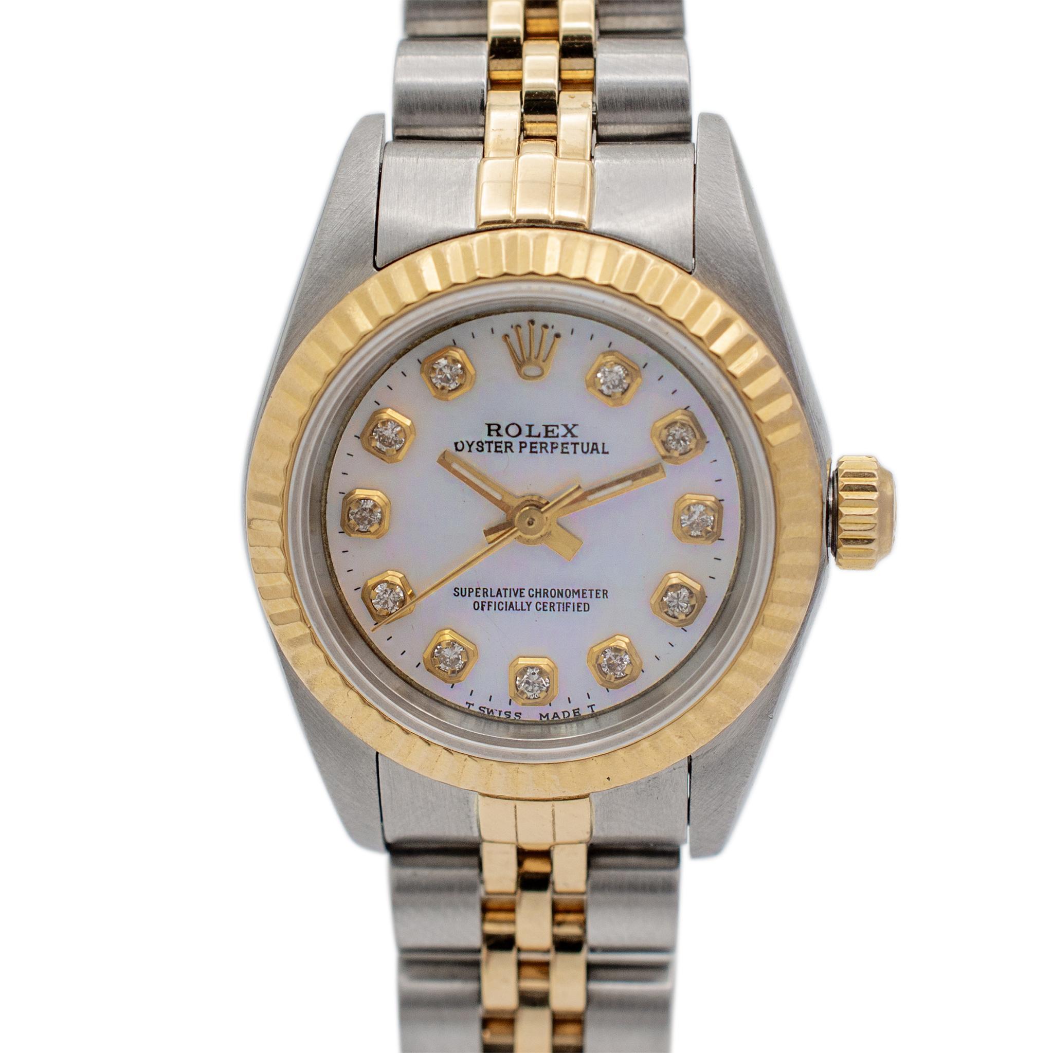 Brand: Rolex

Diameter: 24.00 mm

Weight: 52.03 grams

One ladies 18K yellow gold and stainless steel diamond ROLEX Swiss made watch. The 