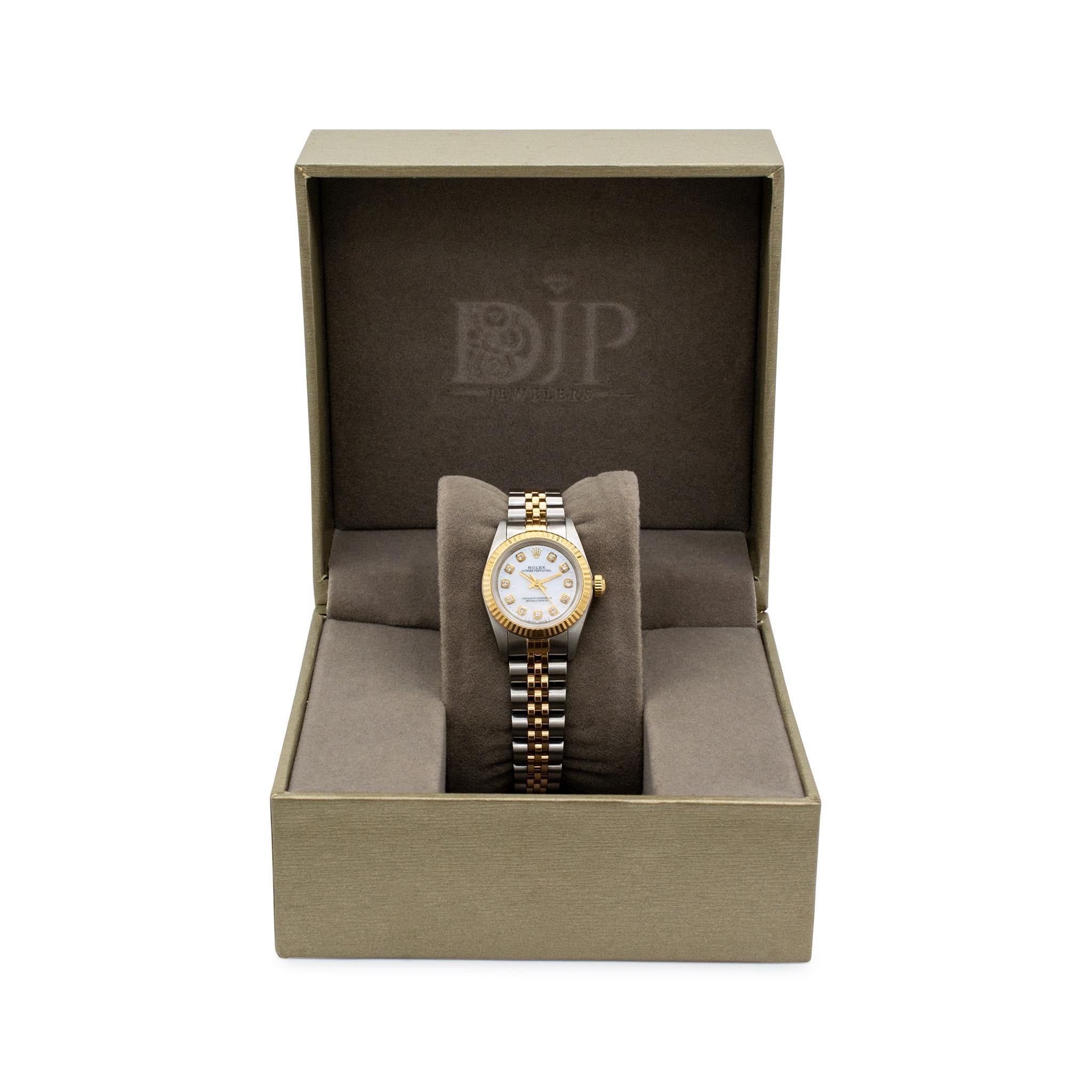 Round Cut Rolex Oyster Perpetual 24MM 76193 Mop Diamond Stainless Steel Yellow Gold Watch
