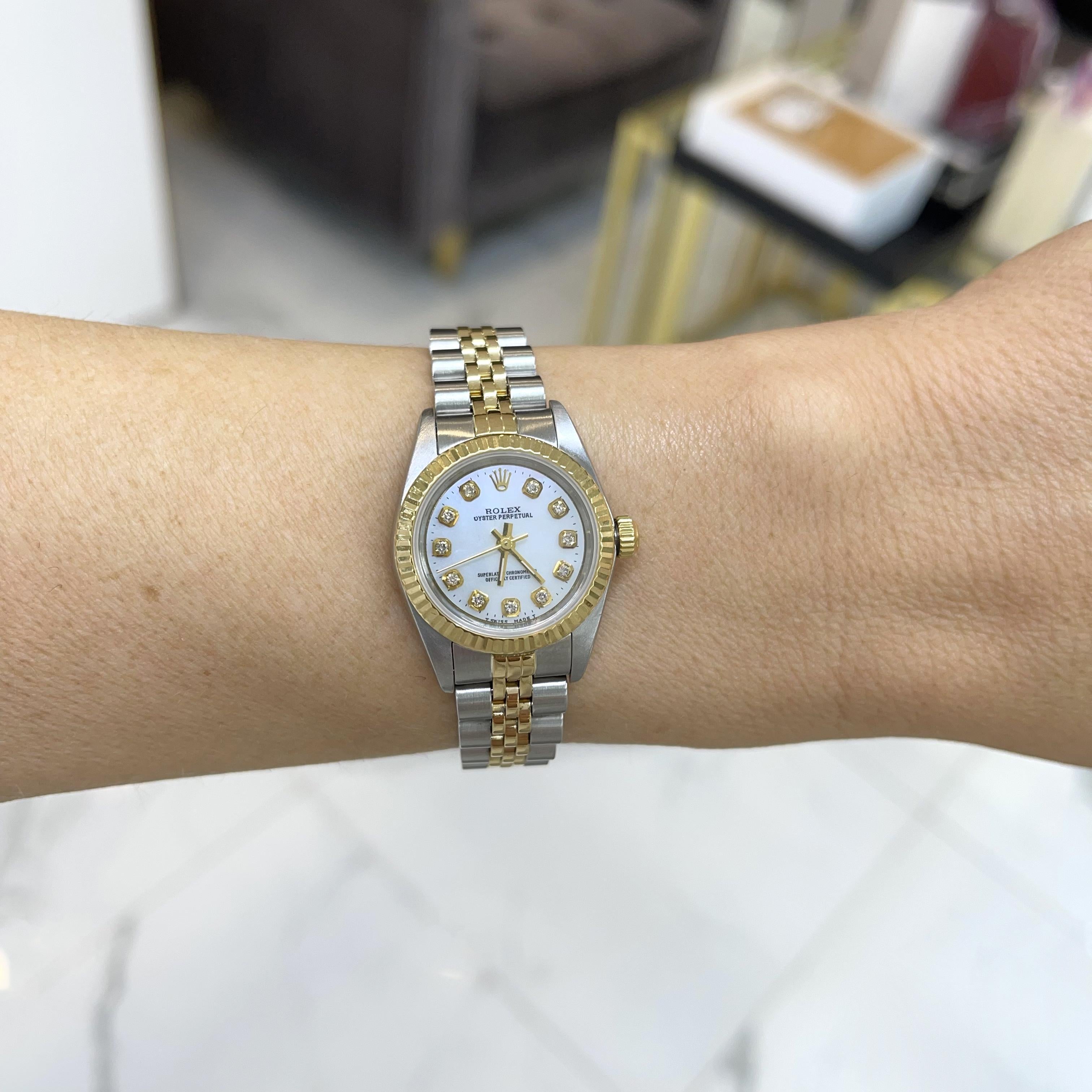 Rolex Oyster Perpetual 24MM 76193 Mop Diamond Stainless Steel Yellow Gold Watch In Excellent Condition In Houston, TX