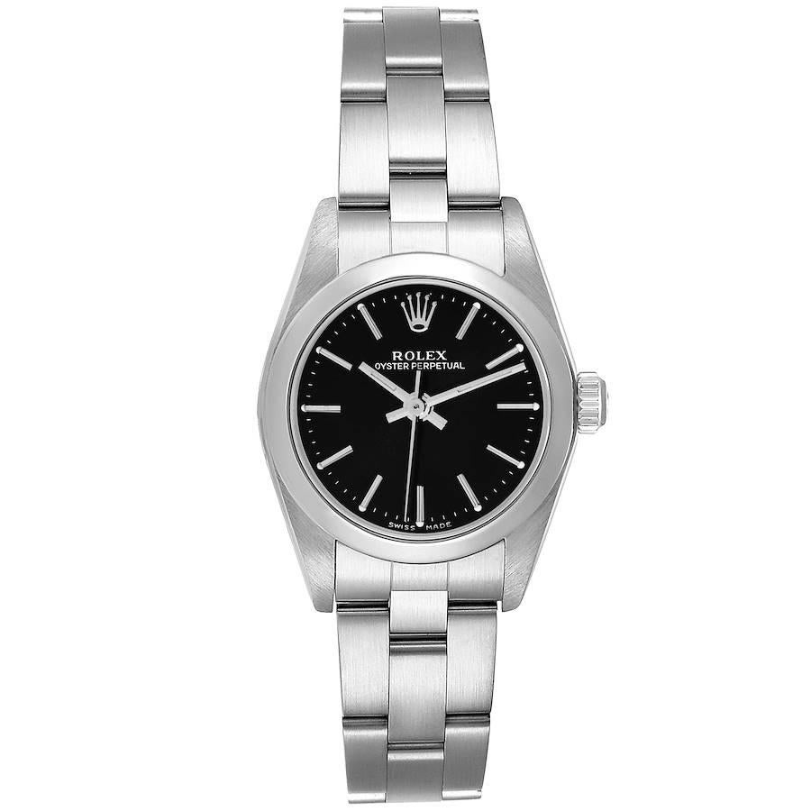 Rolex Oyster Perpetual 24mm Black Dial Steel Ladies Watch 76080 Box Papers. Officially certified chronometer automatic self-winding movement. Stainless steel oyster case 24.0 mm in diameter. Rolex logo on the crown. Stainless steel smooth bezel.