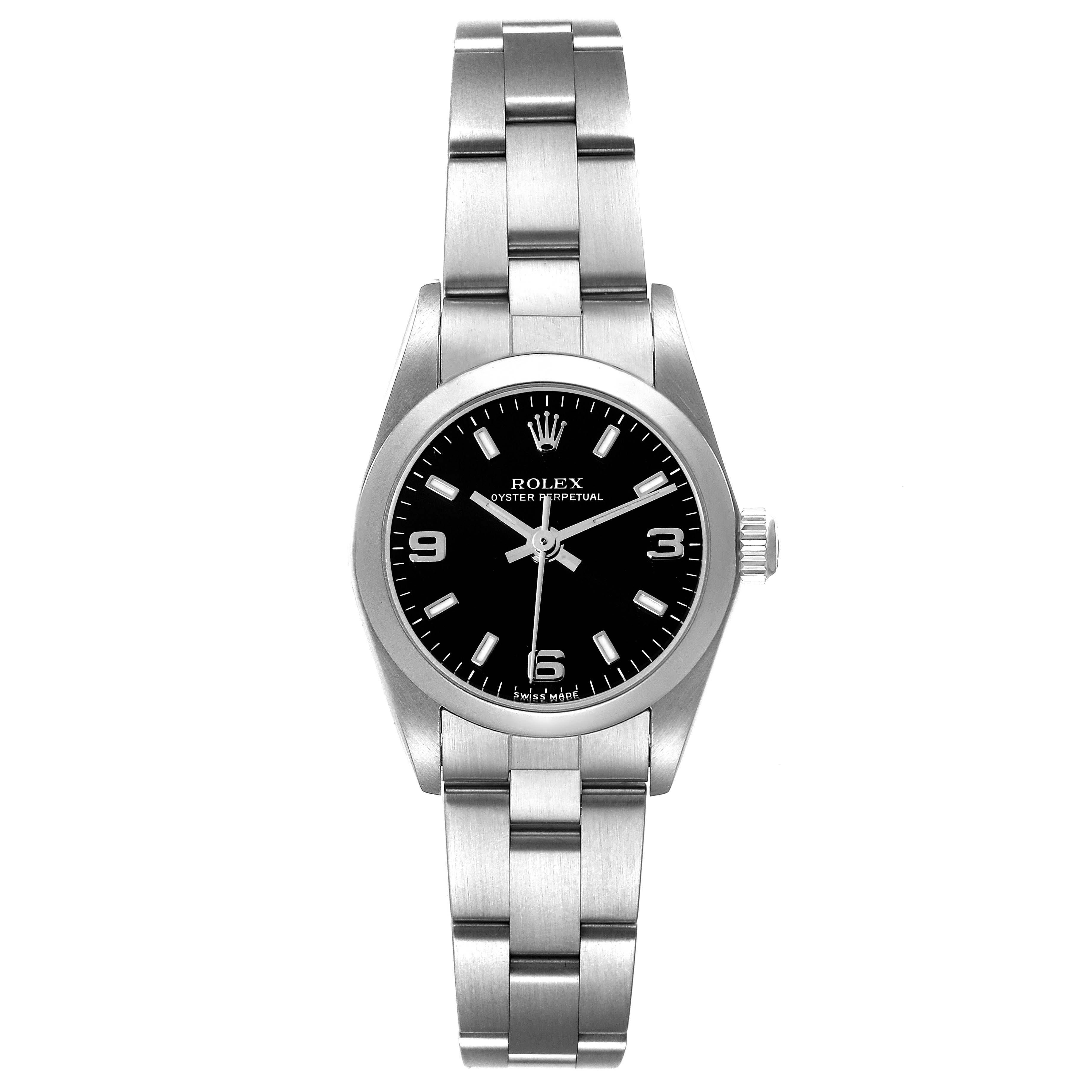 Rolex Oyster Perpetual 24mm Black Dial Steel Ladies Watch 76080. Officially certified chronometer automatic self-winding movement. Stainless steel oyster case 24.0 mm in diameter. Rolex logo on the crown. Stainless steel smooth bezel. Scratch